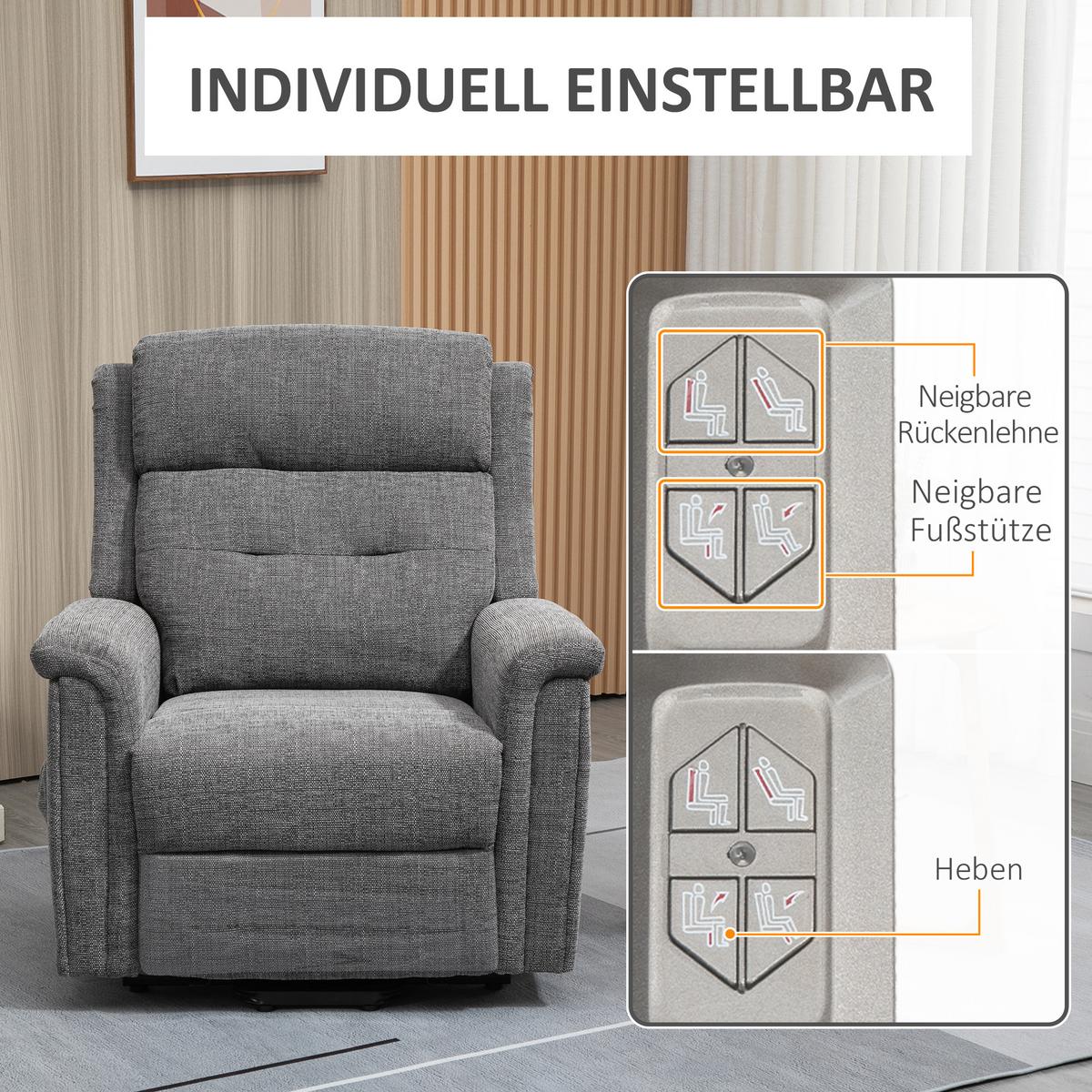 FERNSEHSESSEL mit Aufstehhilfe, Grau - Schwarz/Grau, Textil/Metall (87/108/92cm) - HOMCOM