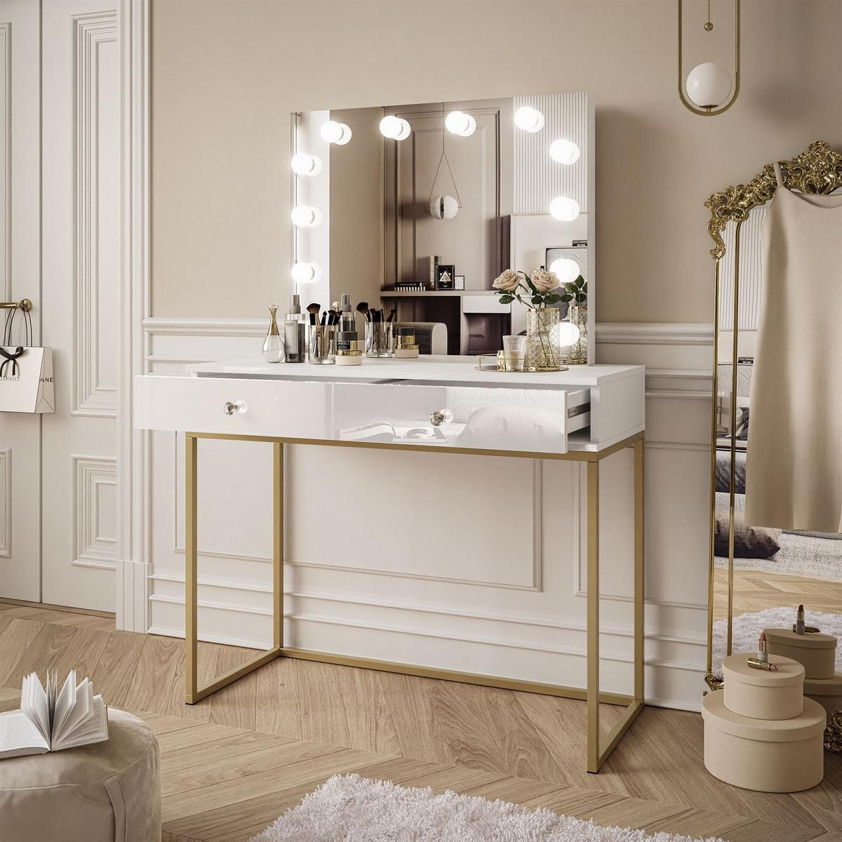 SCHMINKTISCH BLANCO GOLD ELITE mit Spiegel und Beleuchtung Weiß Hochglanz Kristallgriff - Weiß Hochglanz/Goldfarben, Holzwerkstoff (100/146/42cm) - Lookway