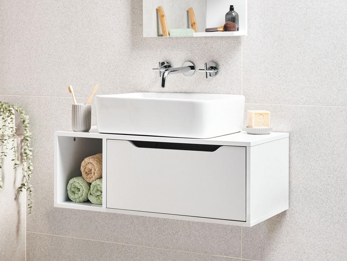 WASCHBECKENUNTERSCHRANK wandmontiertk 80 cm Weiß Cascavel - Weiß, Holzwerkstoff (80/28/40cm) - Beliani