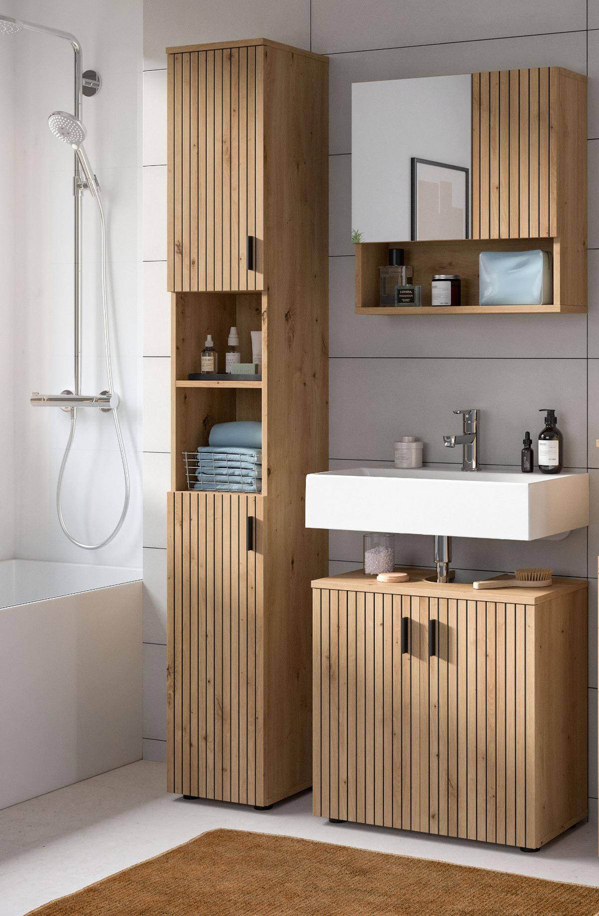 WASCHBECKENUNTERSCHRANK Eiche Artisan 80 cm, Badezimmer Unterschrank mit Rillen-Optik - Schwarz/Eiche Artisan, Holzwerkstoff/Kunststoff (60/59/30cm) - Inn.Furn