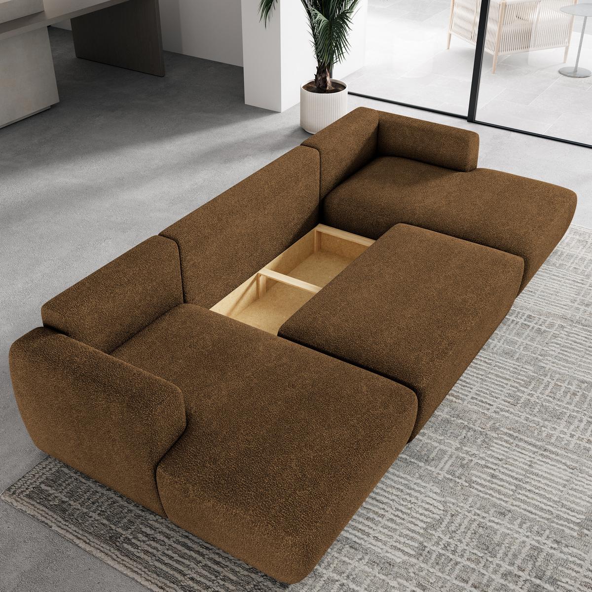 WOHNLANDSCHAFT SENTUM N Braun Boucle-Stoff mit Schlaffunktion - Schwarz/Braun, Holz/Kunststoff (330/90/148cm) - MASSENO