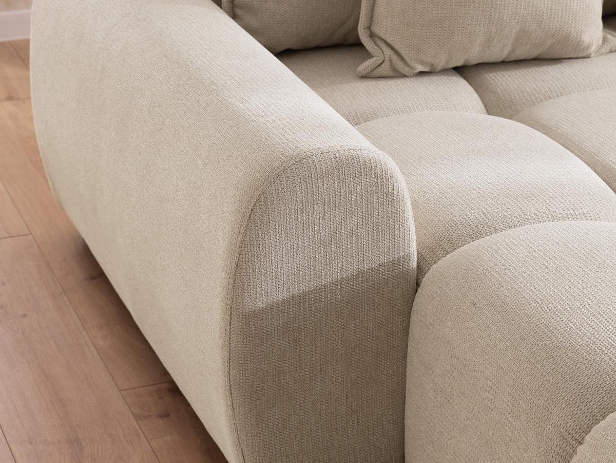 ECKSOFA Bubble mit losen Rückenkissen und Sitzfläche in Bubble-Optik aus weichem Hellbeige Strukturstoff mit schöner Sitzkomfort - Ottomane links - Beige/Schwarz, Holz/Kunststoff (180/306cm) - S-Style Möbel