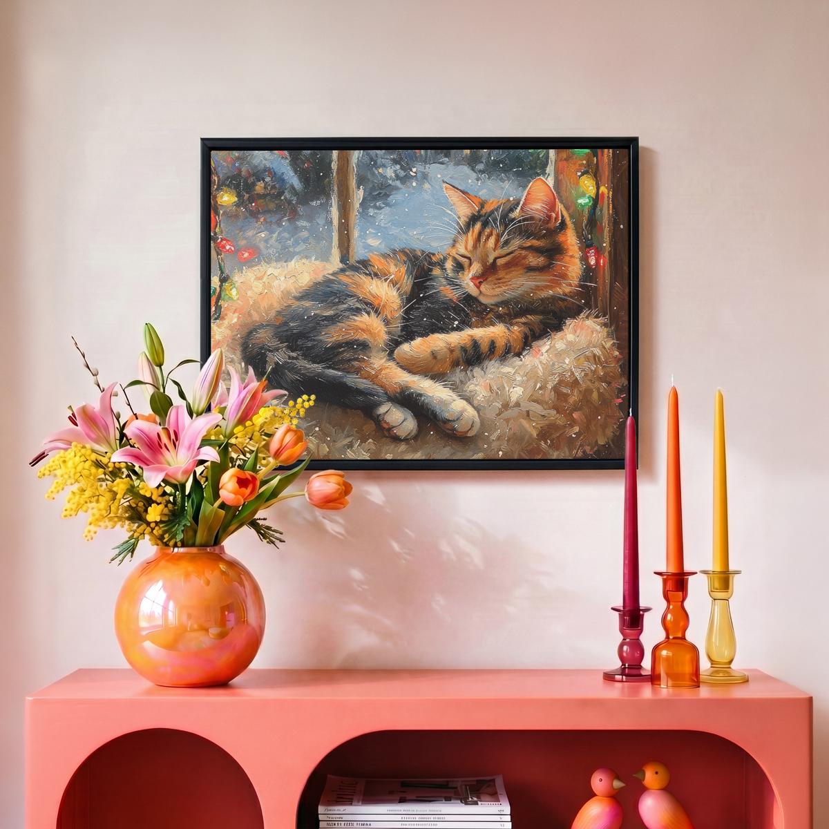 LEINWAND Bilder mit Rahmen - Katze - Weihnachten - Winter - Tier - 40x30 - Bernsteinfarben, Textil (40/30cm) - MuchoWow