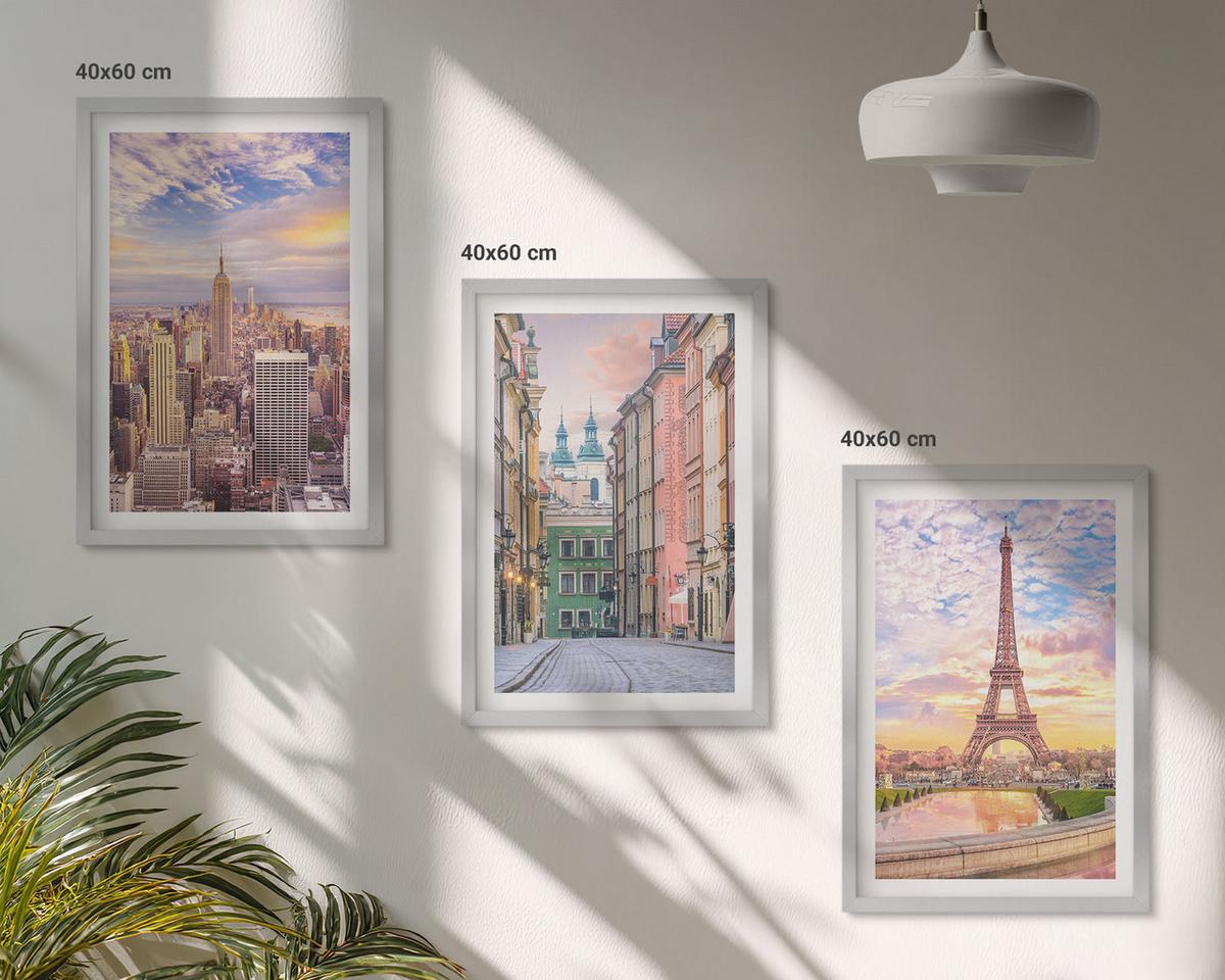 BILDER SET 3er Set - 40x60 cm Silberner Rahmen - Städte New York Paris Dämmerung - Silberfarben, Kunststoff (40/60cm) - TULUP