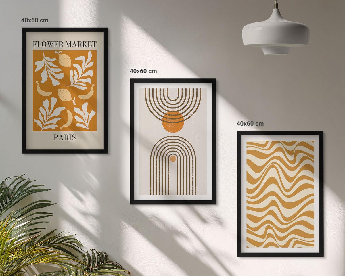 BILDER SET 3er Set - 40x60 cm Schwarzer Rahmen - Poster mit geometrischen Pflanzenmustern - Schwarz, Kunststoff (40/60cm) - TULUP