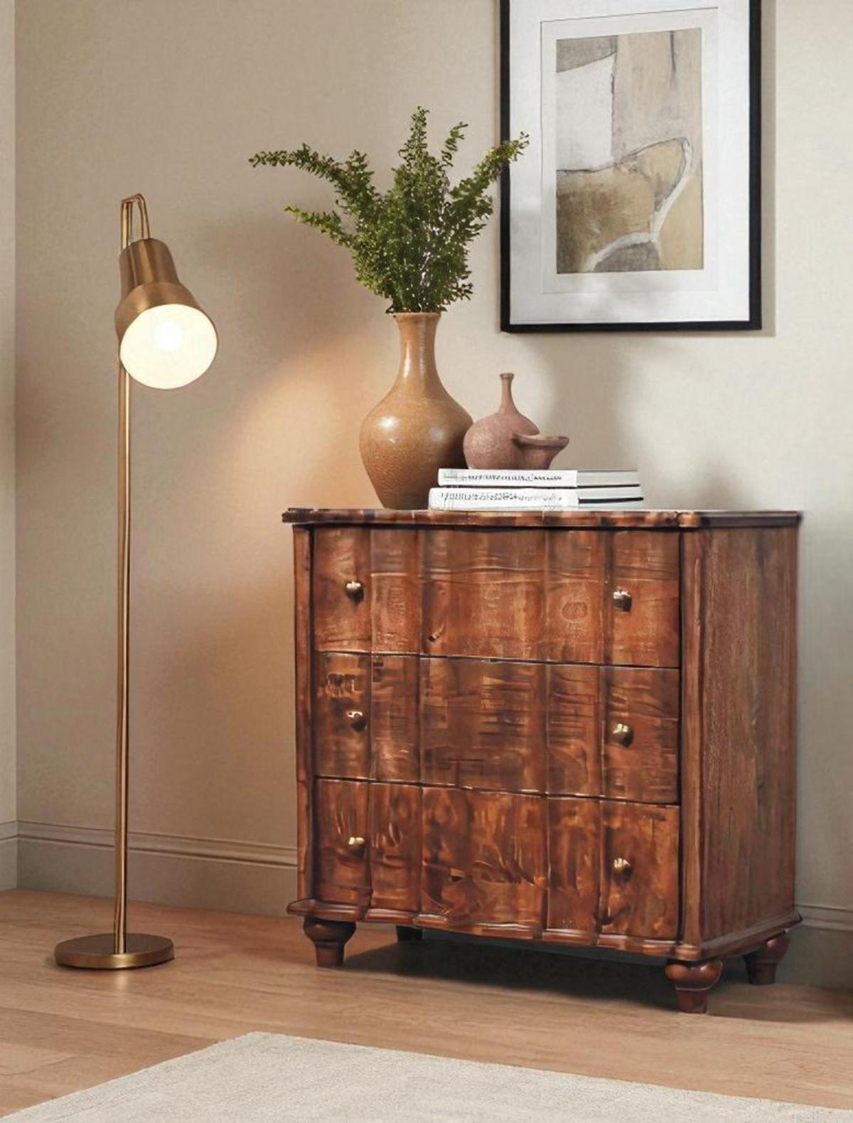 KOMMODE Camille, 3 Schubladen, Dunkelbraun - Dunkelbraun/Messingfarben, Holz/Metall (85/83/40cm) - Artisan Furniture