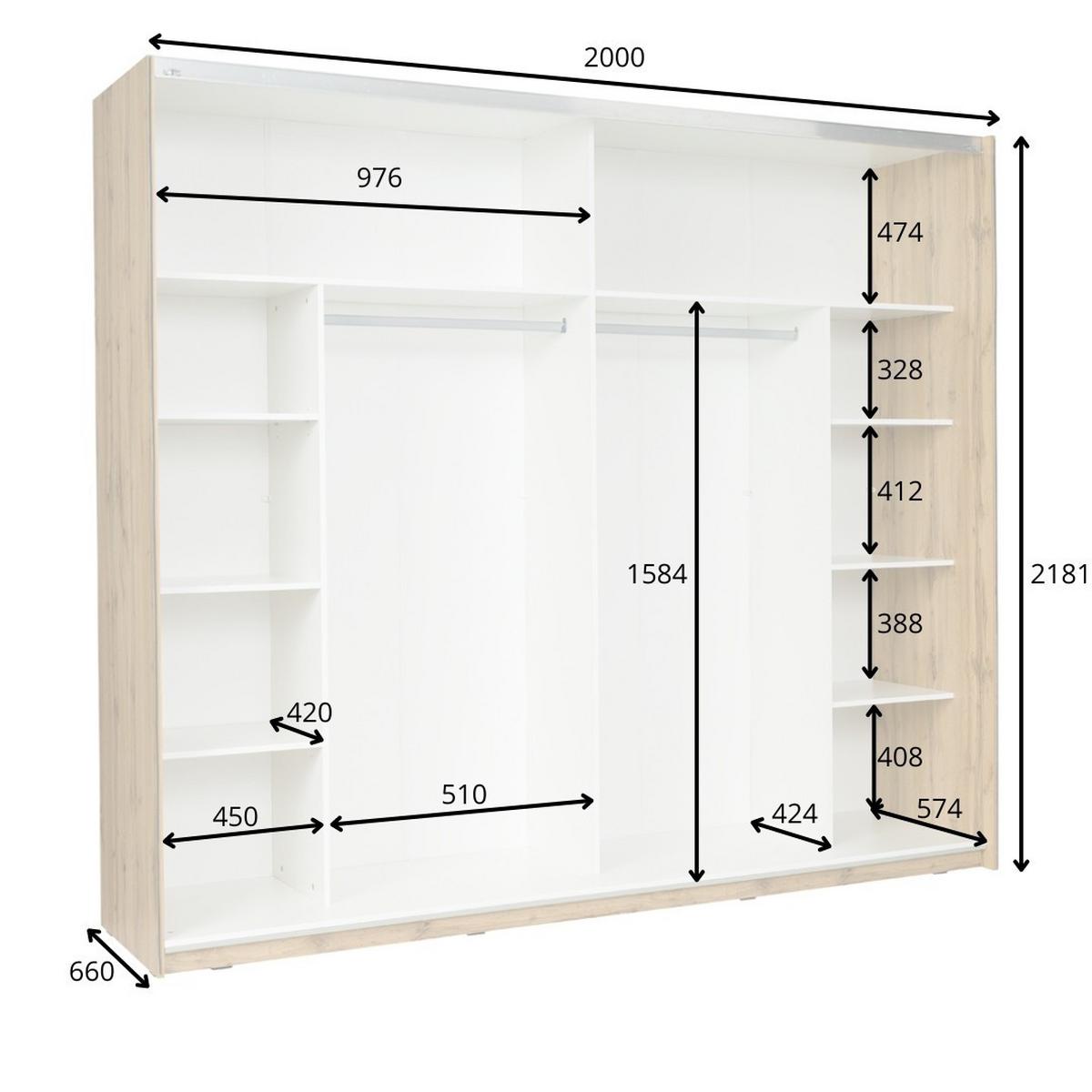 SCHWEBETÜRENSCHRANK OSVIN 200/218,1/66cm 2-türig mit Spiegel Eiche Wotan - Eiche Wotan/Weiß, Holzwerkstoff (200/218.1/66cm) - MASSENO