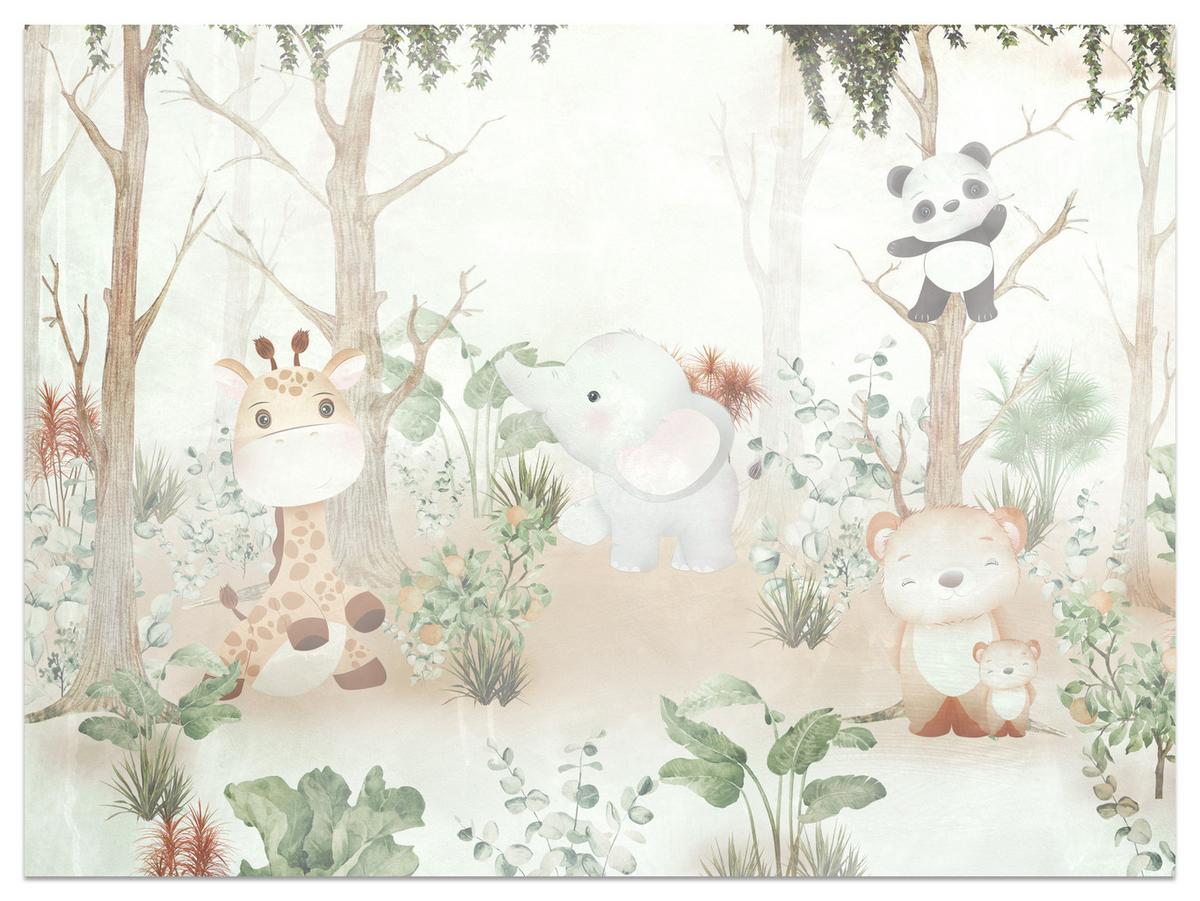FOTOTAPETE für Kinder Tiere Wald Pflanzen 100x70 - Beige/Orange, Papier (100/70cm) - Muralo
