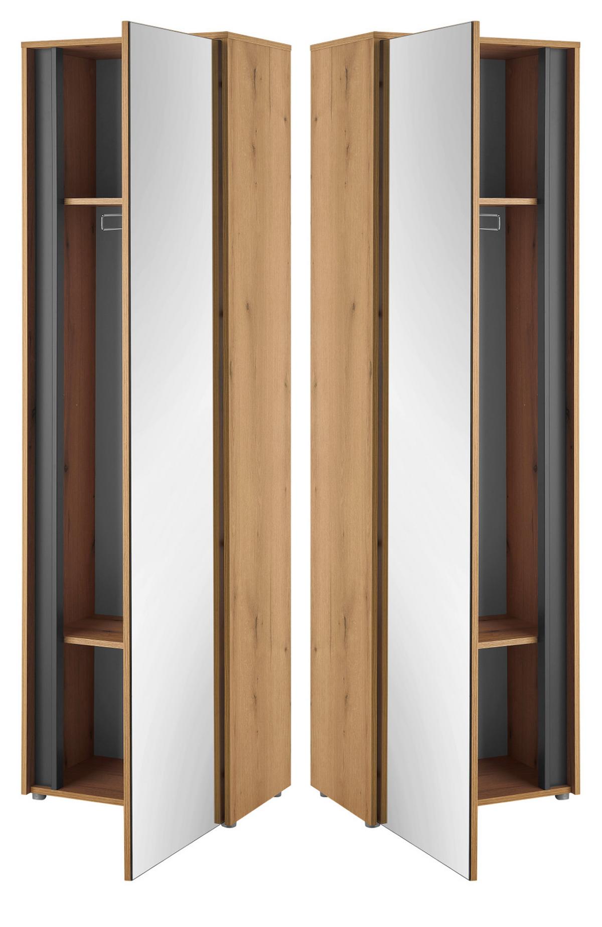 GARDEROBENSCHRANK Evoke Eiche, grau 60 x 200 cm, Flurschrank mit Spiegel - Eichefarben/Schwarz, Glas/Holzwerkstoff (60/200/40cm) - Furn.Design