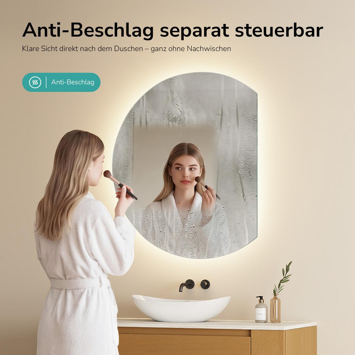 BADSPIEGEL LED 100 x 83 cm mit 3 Lichtfarben, Antibeschlagfunktion und Touch-Schalter - Transparent, Glas (100/83/2.5cm) - EMKE