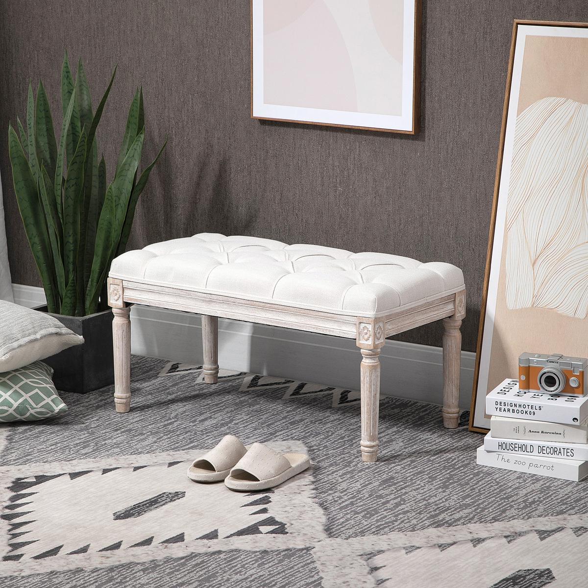 SITZHOCKER, Polsterbank mit Leinenoptik, Cremeweiß - Weiß, Kunststoff (40/43/80cm) - HOMCOM