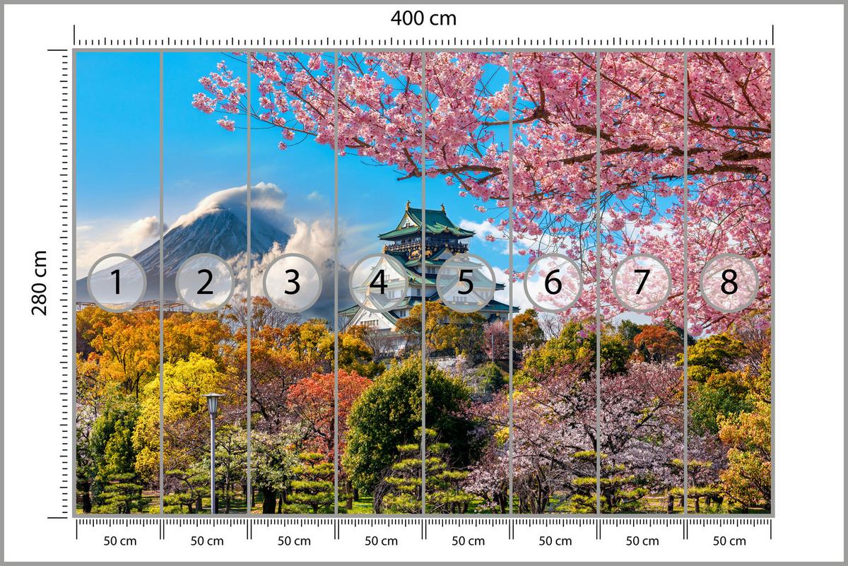 FOTOTAPETE für Wohnzimmer Kirschblüten Osaka Burg Japan Berge Bäume 400x280 - Gelb/Rosa, Papier (400/280cm) - Muralo