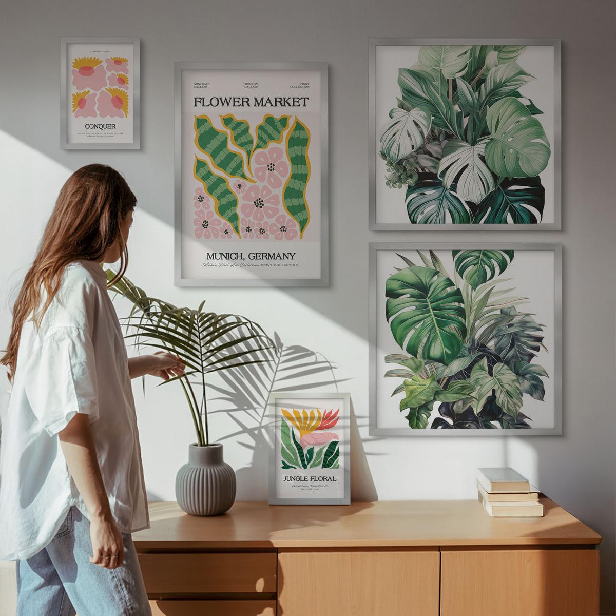 BILDER SET 5er Set - 50x50 cm & 20x30 cm & 40x60 cm Silberner Rahmen - Blumen und Blätter – moderne Poster - Silberfarben, Kunststoff (40/60cm) - TULUP