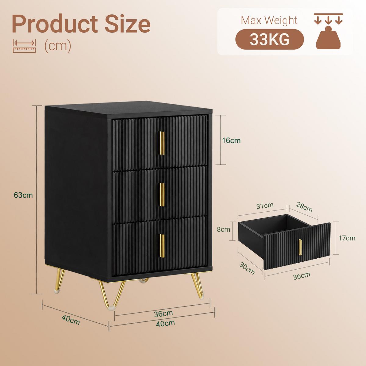 NACHTTISCH mit 3 Schubladen, 40x40x63 cm, Schwarz mit goldenen Griffen, modern fürs Schlafzimmer, - Schwarz, Holzwerkstoff/Metall (40/63/40cm) - SoBuy