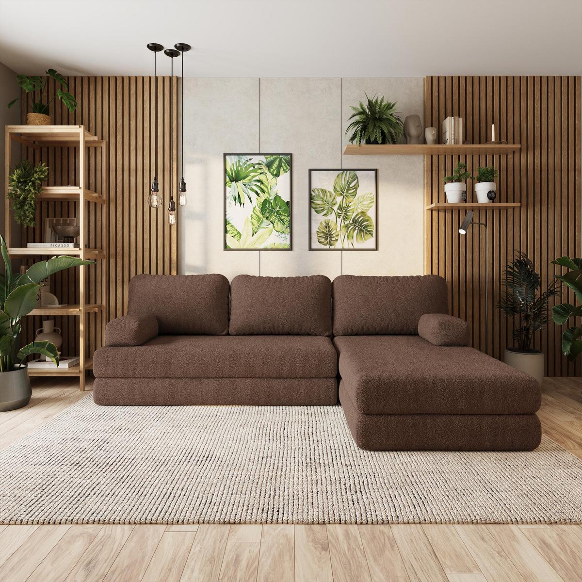 ECKSOFA LEA modulares Boneless Sofa mit Schlaffunktion Braun Boucle-Stoff - Braun, Textil (270/160cm) - MASSENO