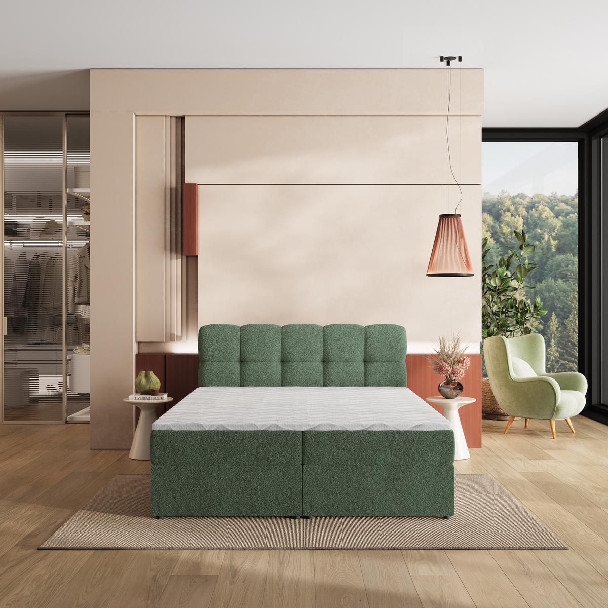 BOXBETT MERU 200x200 cm mit Matratze und Topper, H2+H3 - Grün - Grün, Holz (200/200cm) - MASSENO