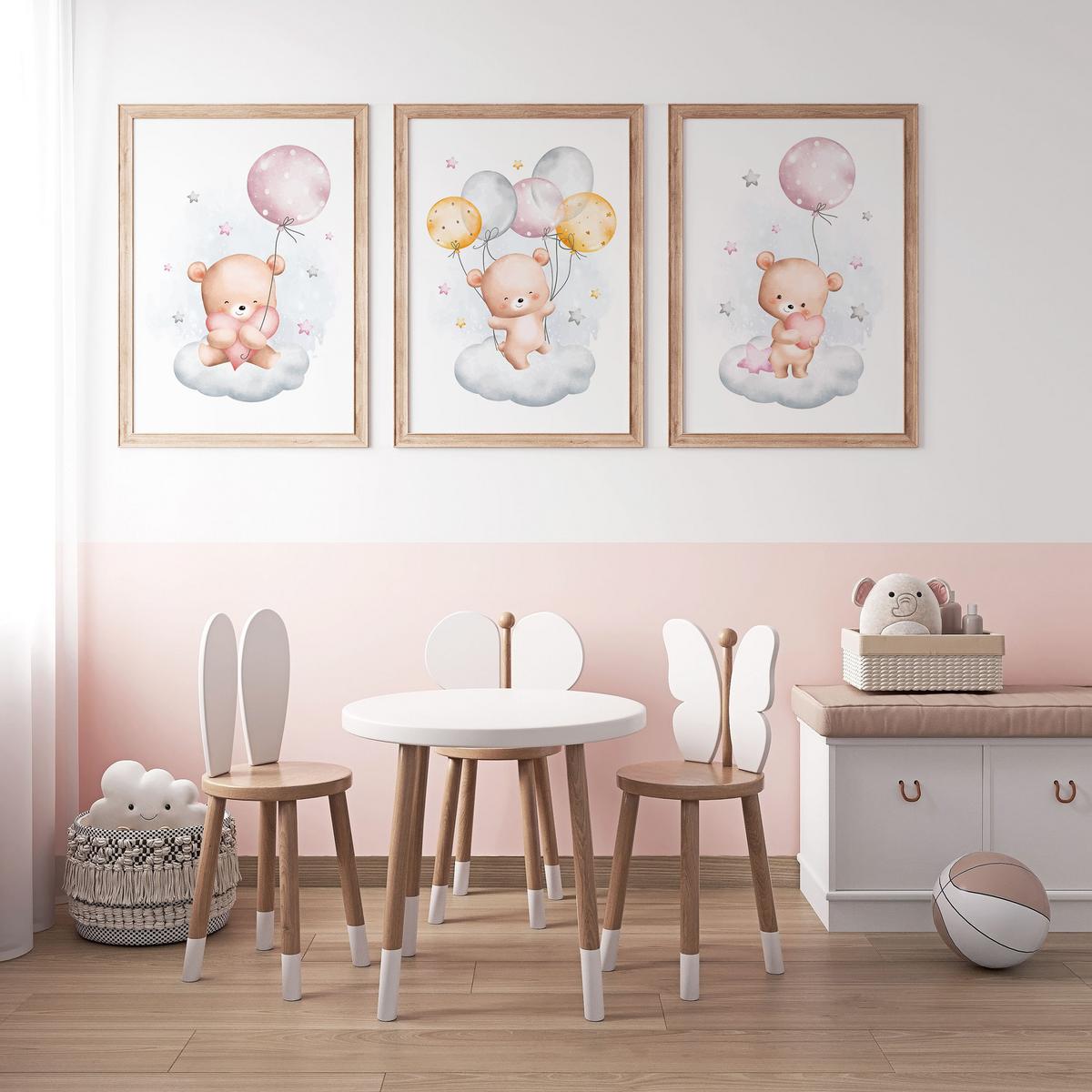 POSTER SET für Kinderzimmer Teddybären Wolken Ballons Sterne 3x Poster A4 21x30cm - Beige/Rosa, Papier (21/30/1cm) - Muralo