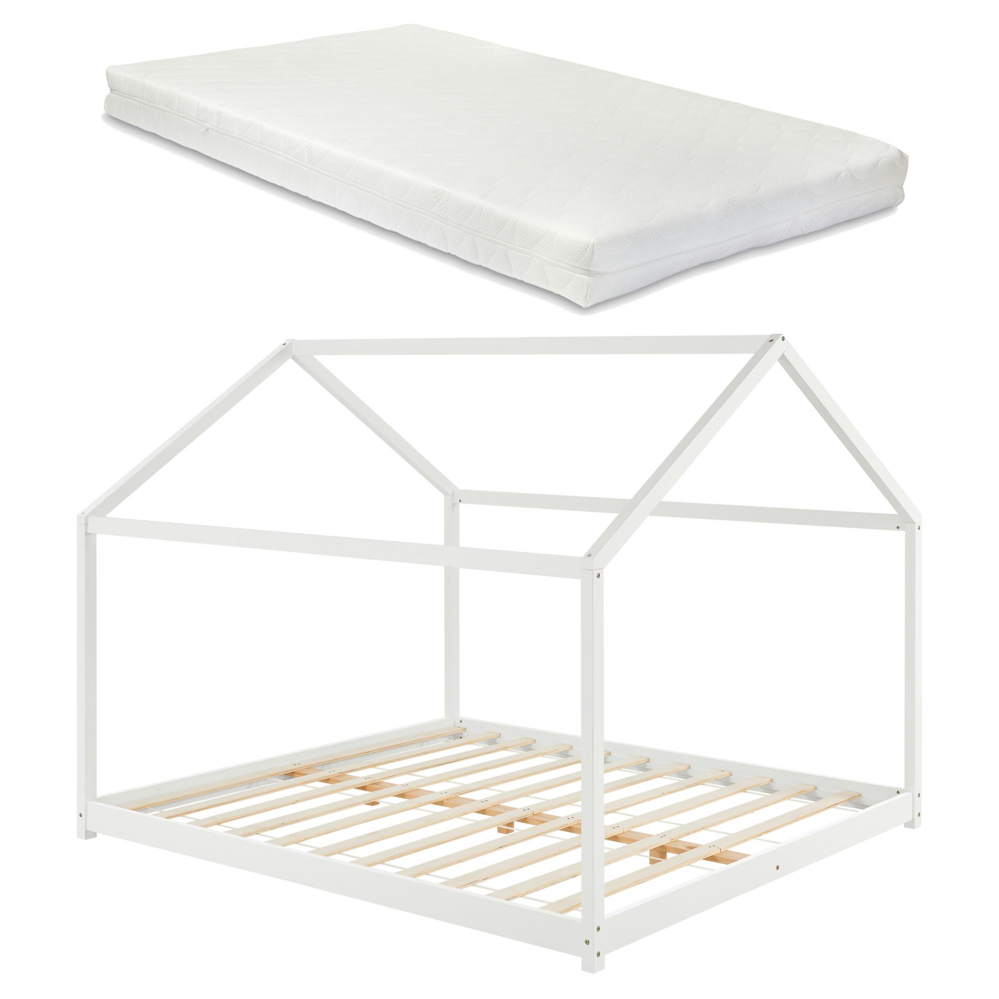 HAUSBETT Cerro mit Matratze - Weiß, Holz/Textil (160/200cm) - [en.casa]
