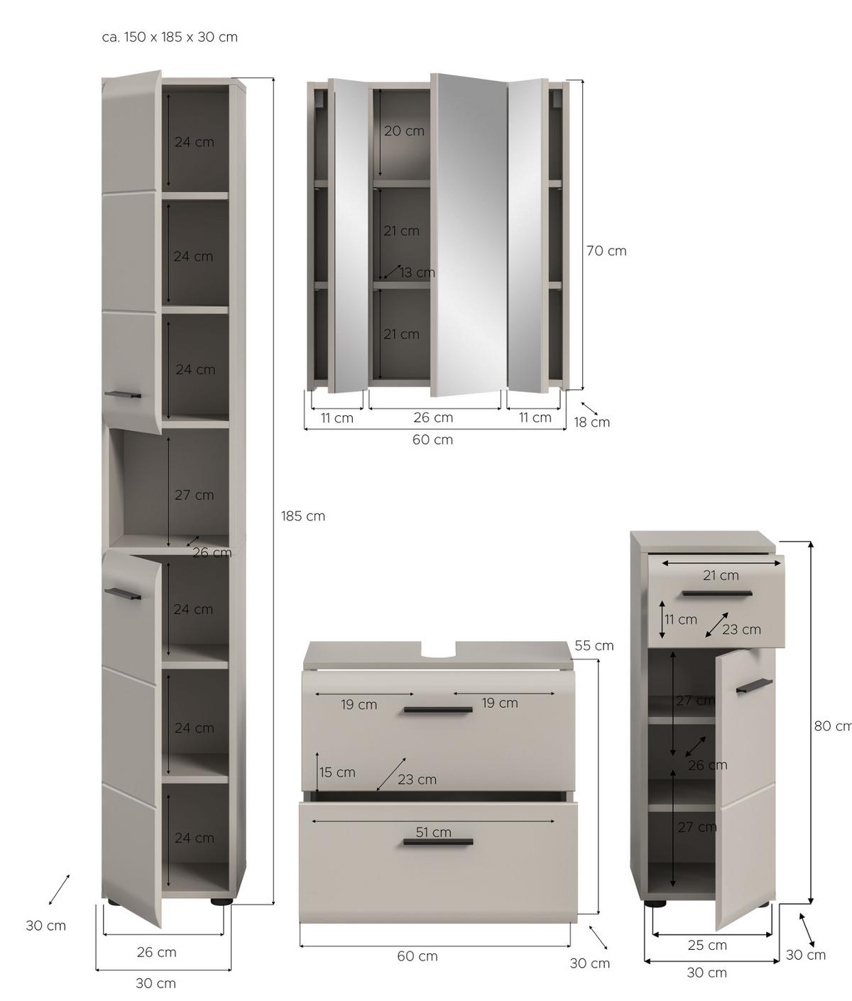 BADMÖBEL-SET Kaschmir 150 cm 4-teilig, Komplettset in modernem Design - Kaschmir/Schwarz, Glas/Holzwerkstoff (150/185/30cm) - Inn.Furn