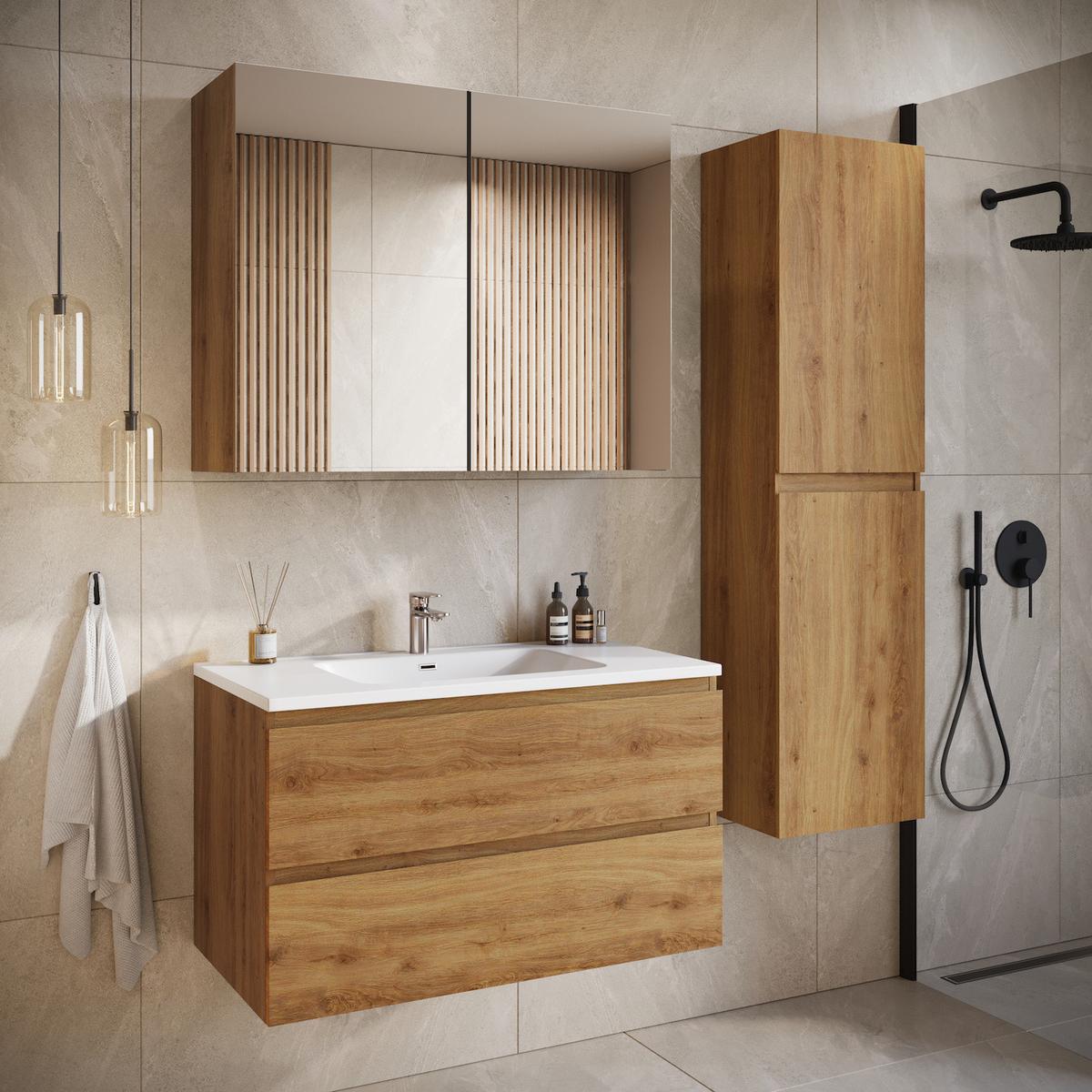 BADMÖBEL-SET Angela 2 Teile - Eiche - 80 x 48 x 52 cm - Eichefarben/Weiß, Holz (80/52/48cm) - Badplaats