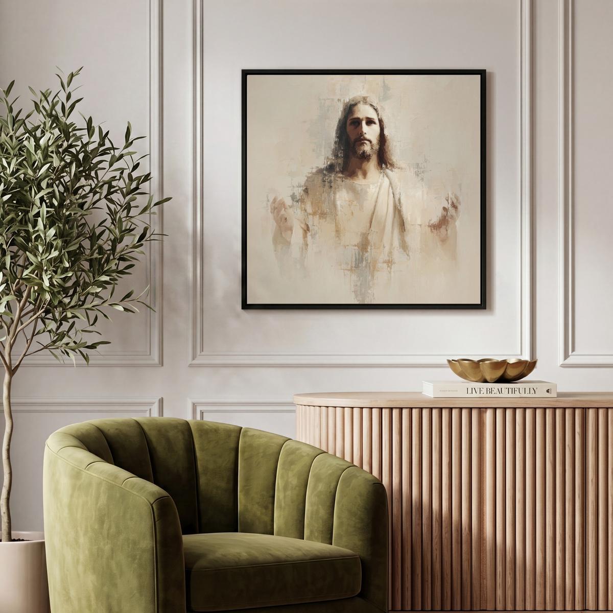 LEINWAND Bilder mit Rahmen - Porträt - Abstrakt - Jesus - Beige - 50x50 - Beige, Textil (50/50cm) - MuchoWow