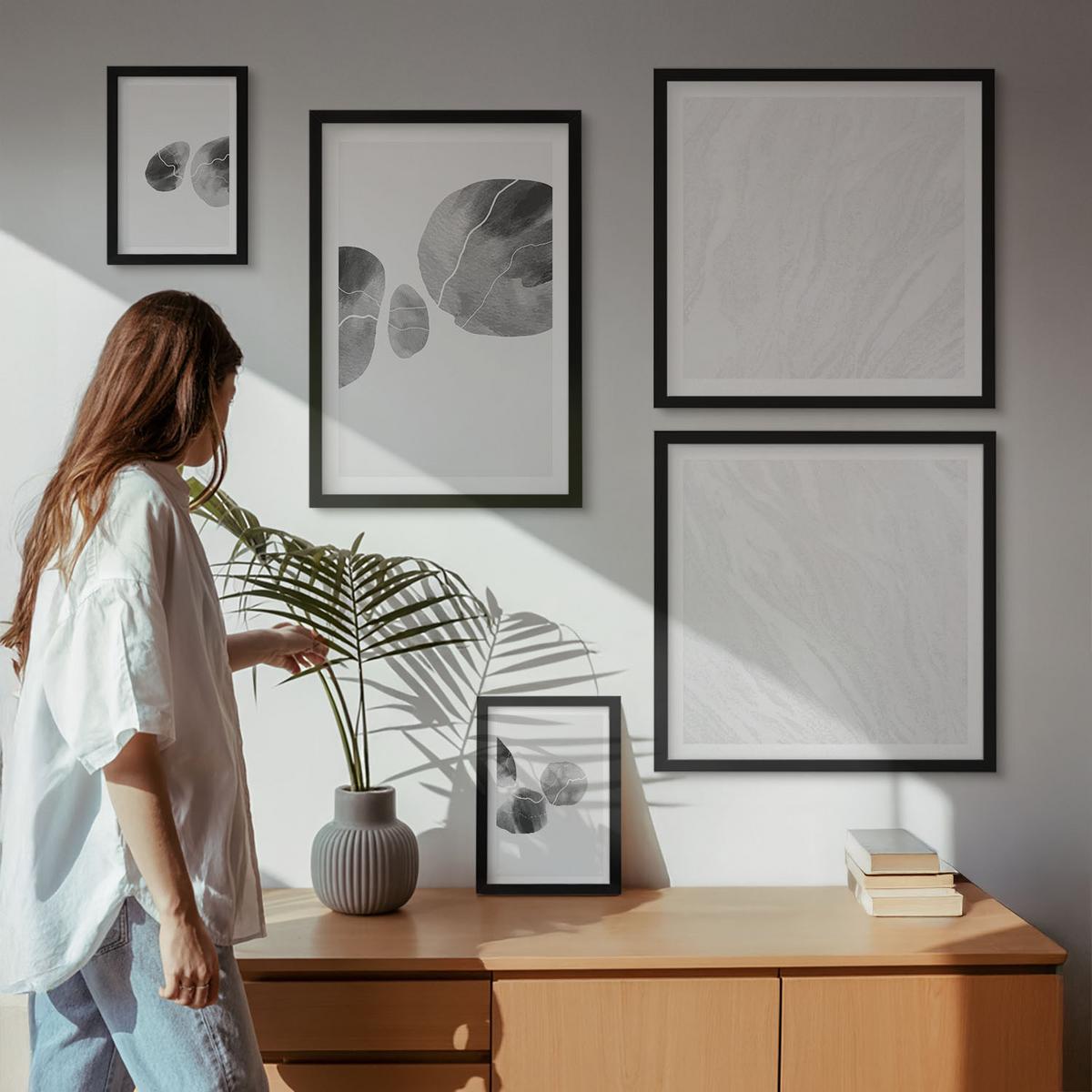 BILDER SET 5er Set - 50x50 cm & 20x30 cm & 40x60 cm Schwarzer Rahmen - Abstrakte Kunst, Farbspritzer - Schwarz, Kunststoff (40/60cm) - TULUP