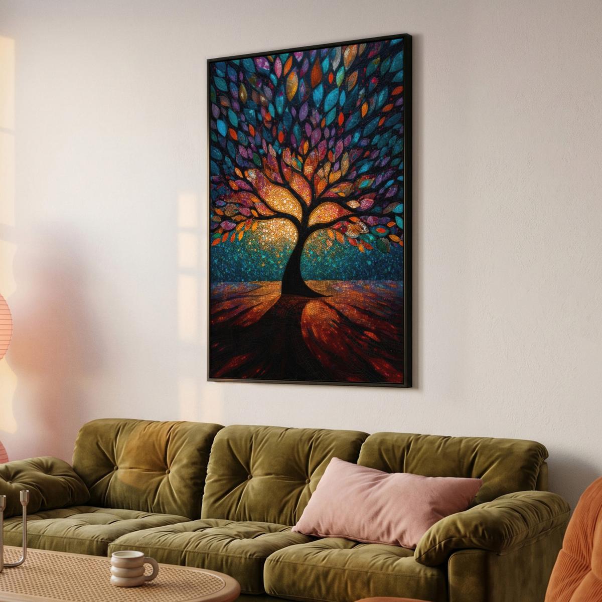 LEINWAND Bilder mit Rahmen - Mosaik - Bunt - Baum - Äste - 100x150 - Multicolor, Textil (100/150cm) - MuchoWow