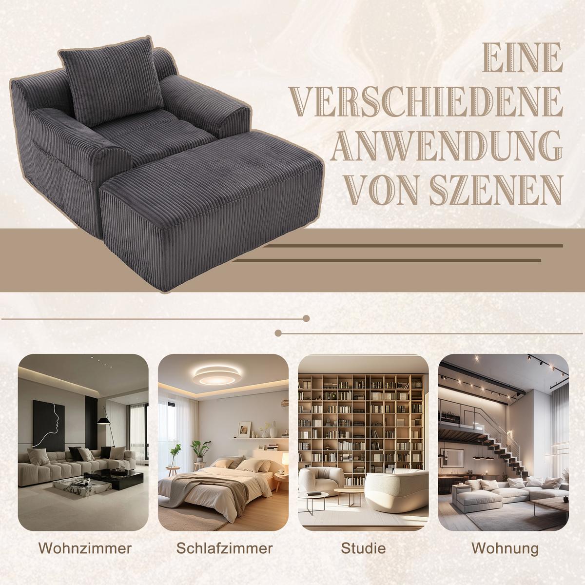 SESSEL mit Hocker in Cord Übergroßer Relaxsessel - Dunkelgrau, Textil (110/67/147cm) - Urban Meuble