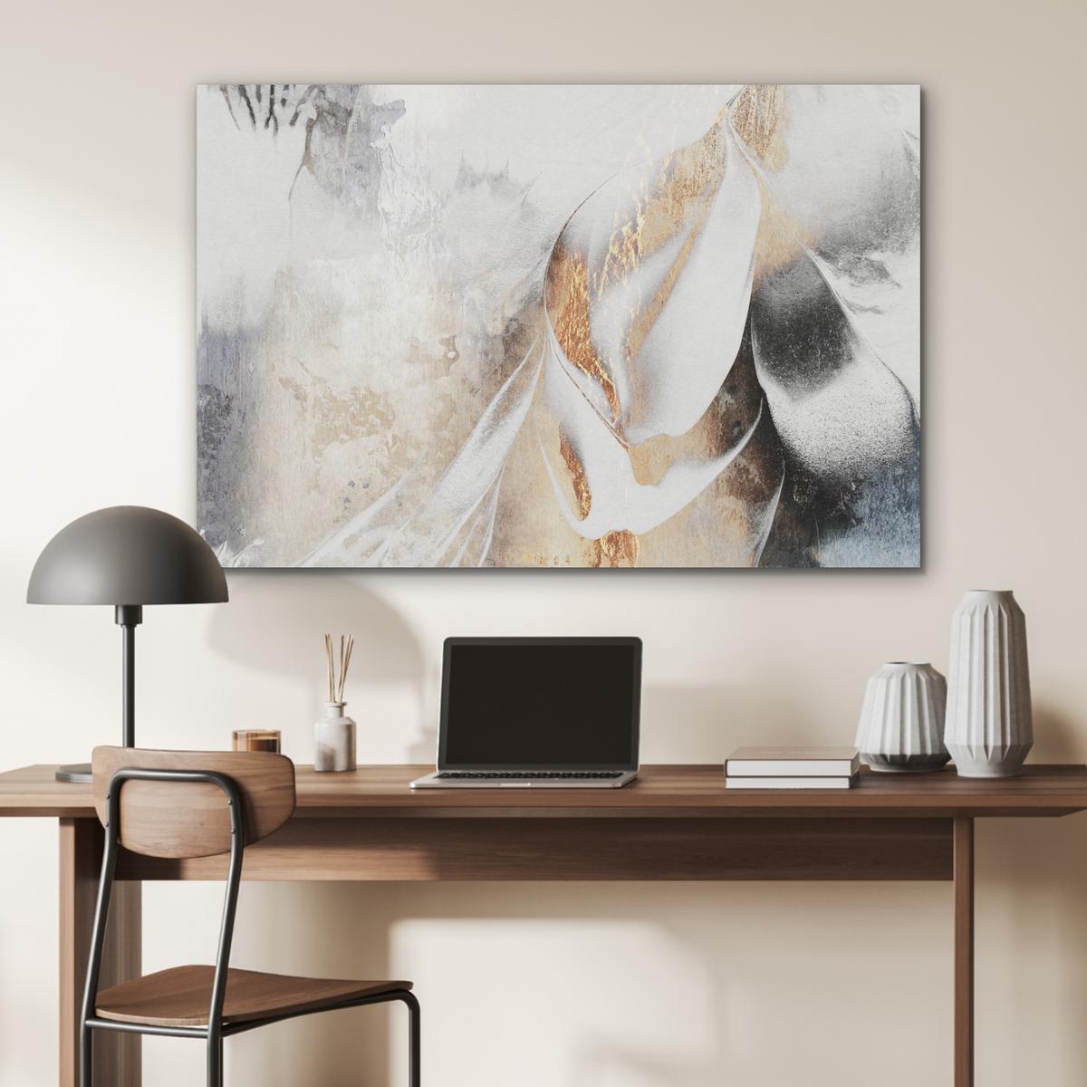 AKUSTIKBILD Luxus - Abstrakt - Gold - Weiß Wandbild Wohnzimmer 100x70 cm - Goldfarben, Kunststoff (100/70/0.9cm) - MuchoWow