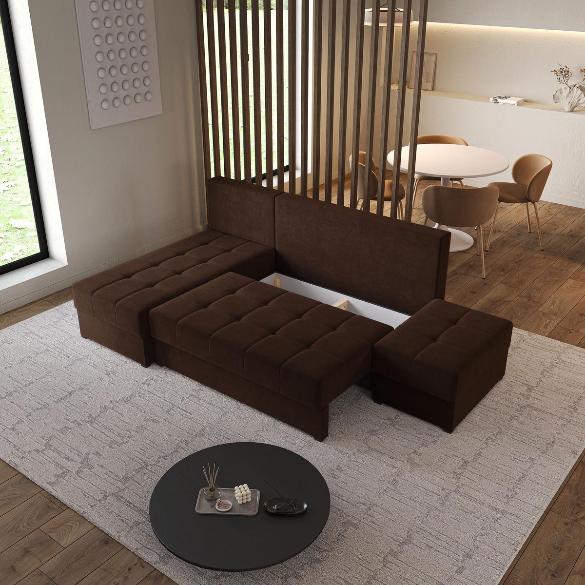ECKSOFA NORVI Braun Plüsch-Stoff mit Schlaffunktion - Braun, Holz (251/143cm) - MASSENO