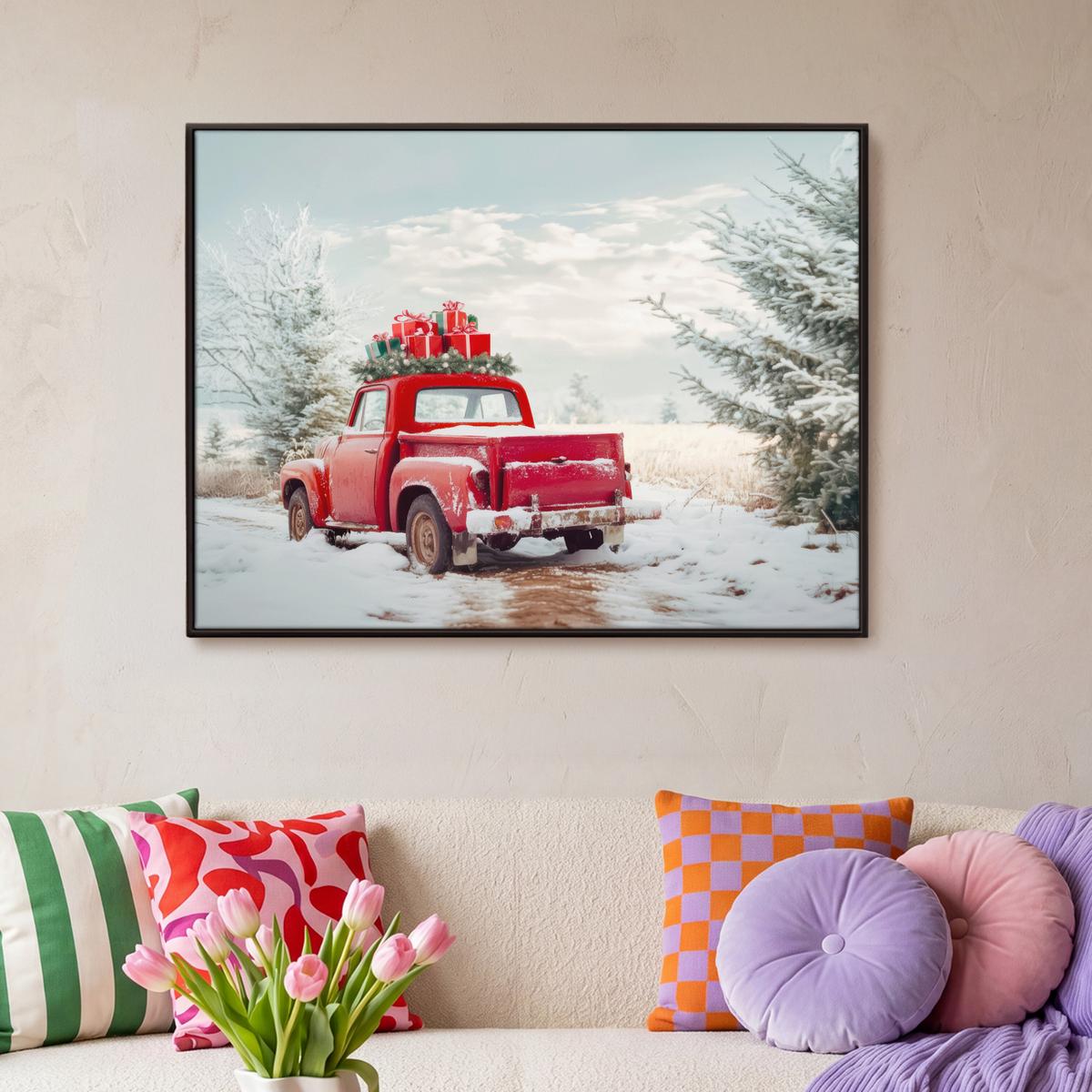 LEINWAND Bilder mit Rahmen - Auto - Rot - Geschenke - Winter - Schnee - Weihnachten - 100x70 - Rot, Textil (100/70cm) - MuchoWow