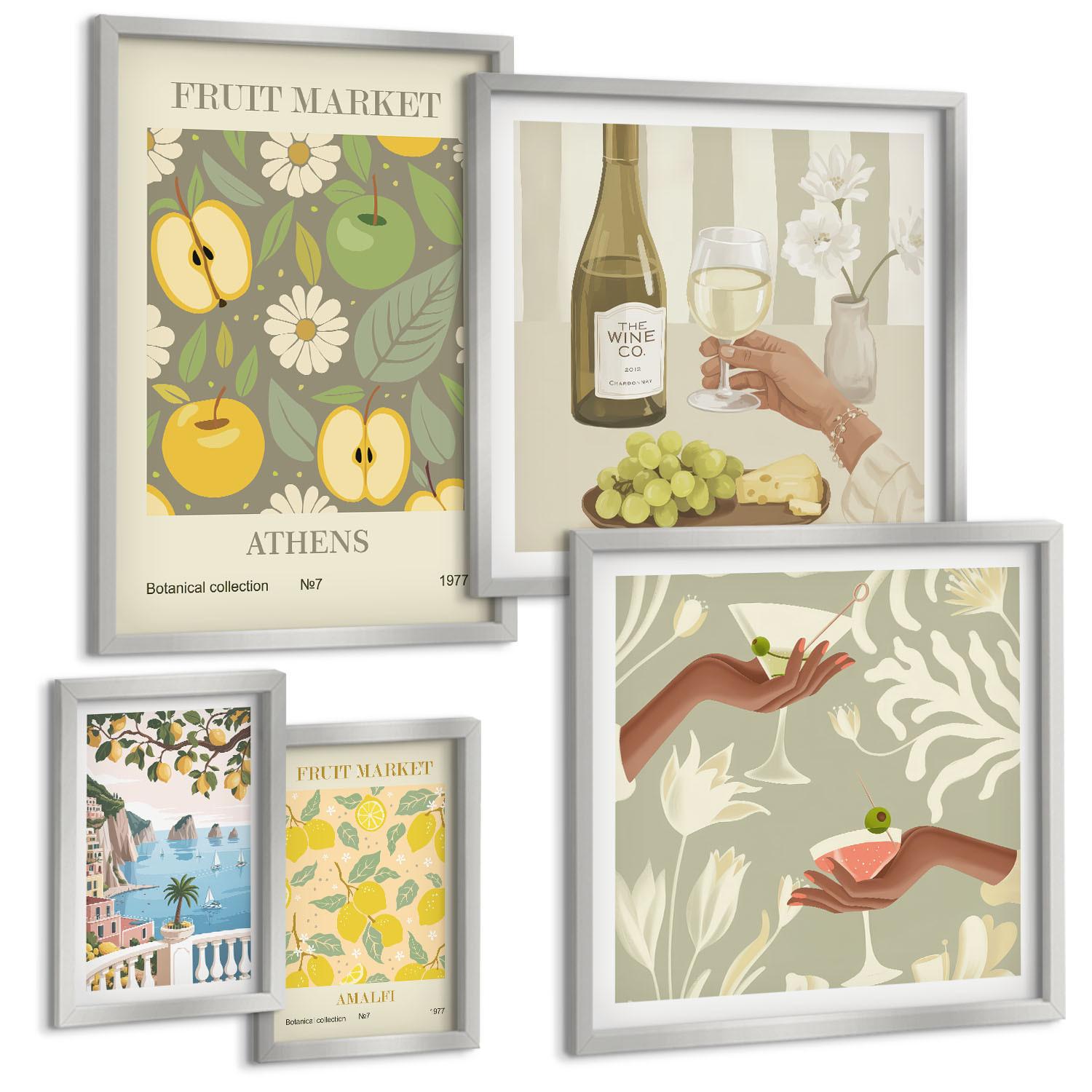 BILDER SET 5er Set - 50x50 cm & 20x30 cm & 40x60 cm Silberner Rahmen - Vintage-Poster mit Fruchtmustern - Silberfarben, Kunststoff (40/60cm) - TULUP