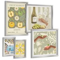 BILDER SET 5er Set - 50x50 cm & 20x30 cm & 40x60 cm Silberner Rahmen - Vintage-Poster mit Fruchtmustern - Silberfarben, Kunststoff (40/60cm) - TULUP