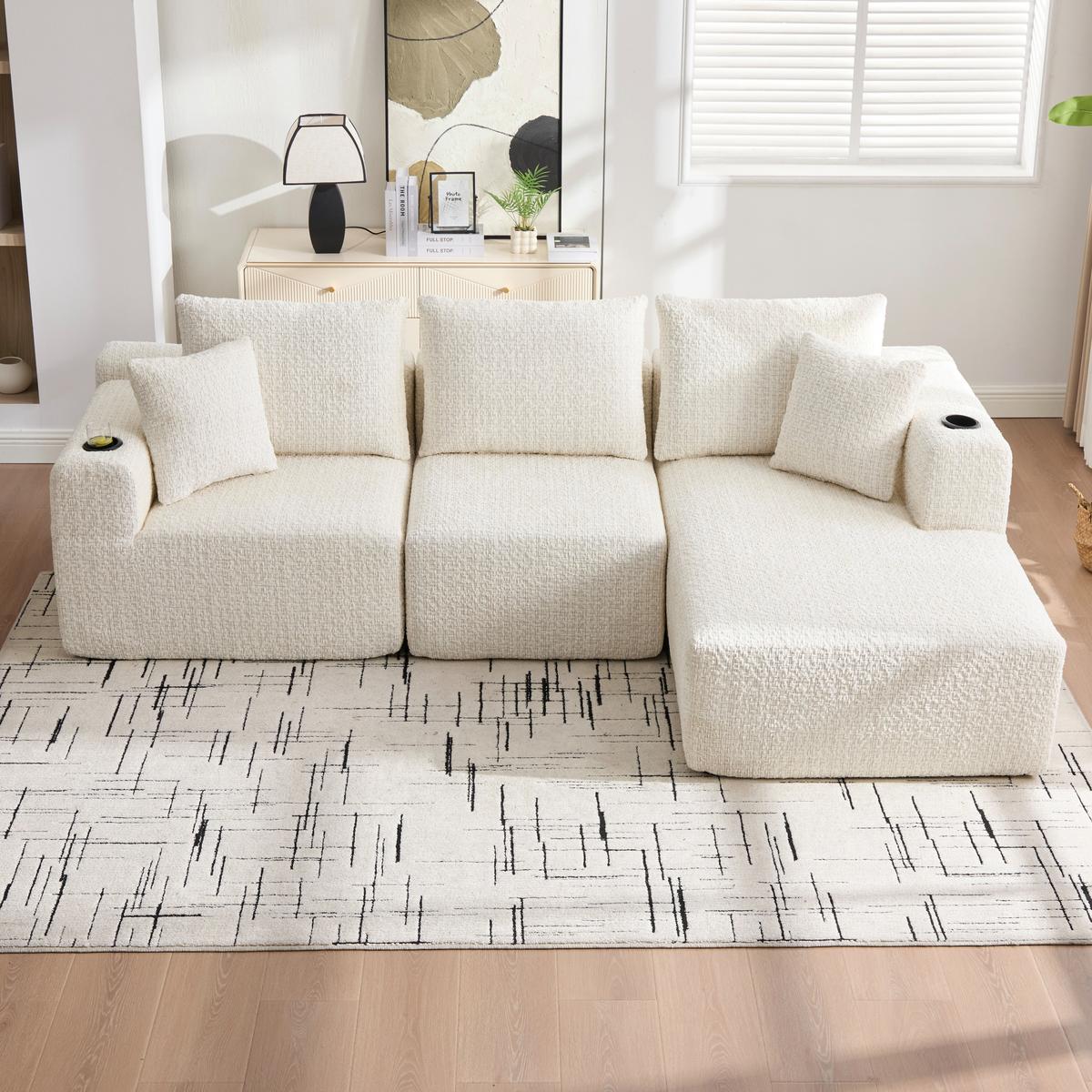 ECKSOFA Modulares L-Form Chenille mit Getränkehalter & Memory-Schaum 261cm - Beige, Textil (261/165cm) - Urban Meuble