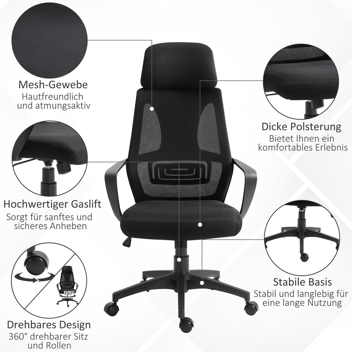 BÜROSTUHL Polyester Schaumstoff Schwarz - Schwarz, Kunststoff (55/126/64cm) - Vinsetto