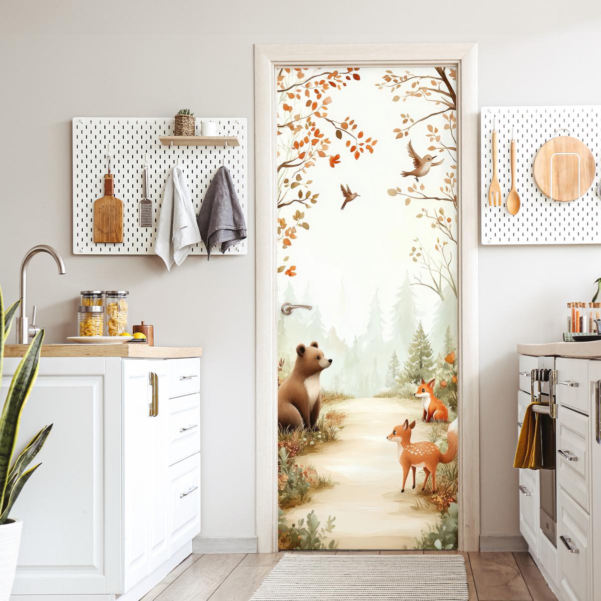 TÜRAUFKLEBER Wald - Herbst - Waldtiere - Bär - Fuchs 80x215 cm - Türtapete - Kastanienfarben, Kunststoff (80/0.1cm) - MuchoWow