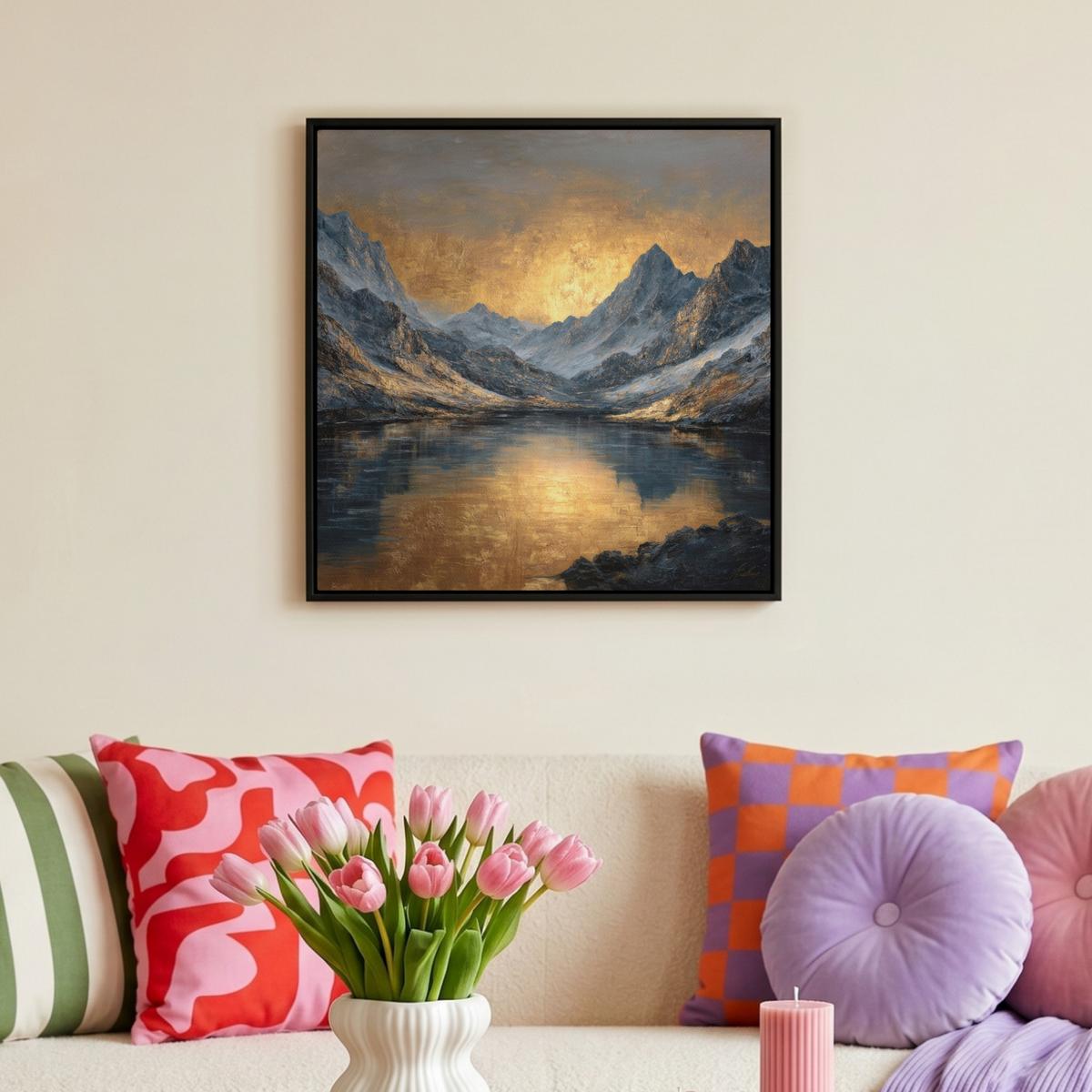 LEINWAND Bilder mit Rahmen - Bergkulisse mit goldenem Sonnenuntergang - 50x50 - Goldfarben, Textil (50/50cm) - MuchoWow