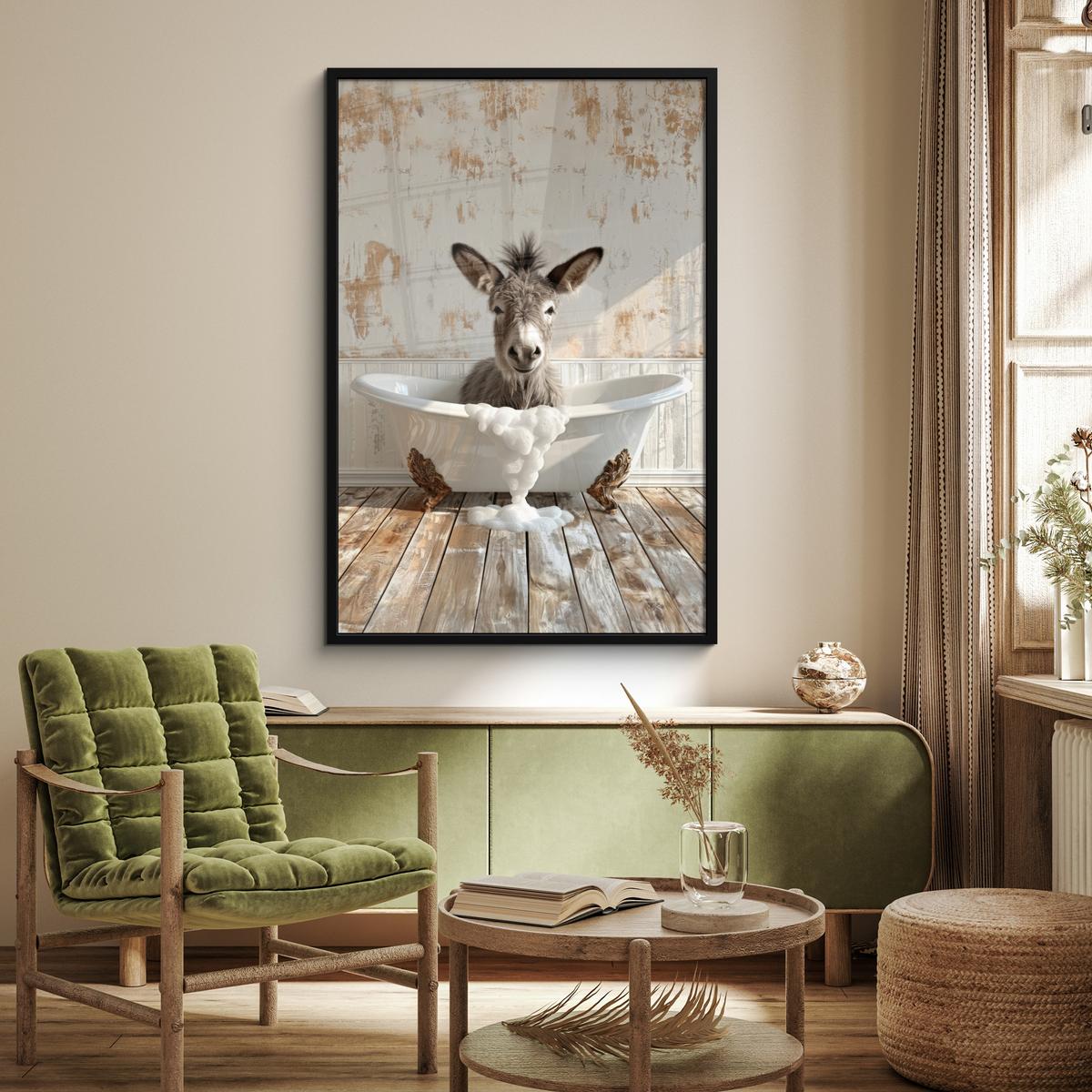 POSTER MIT RAHMEN Esel - Tiere - Badewanne - Schaumstoff Bilderleiste 80x120 cm - Weiß, Papier (80/120cm) - MuchoWow