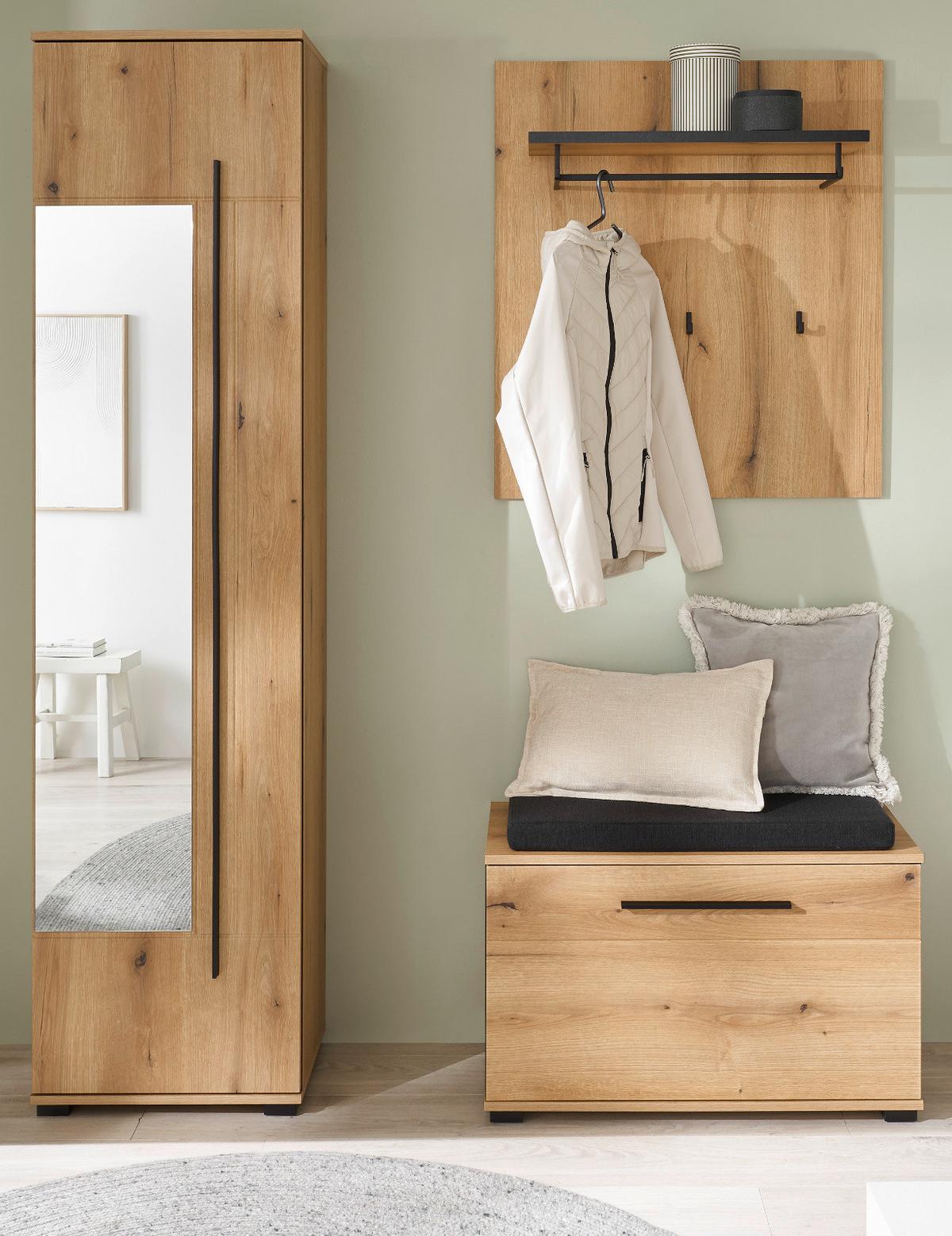 GARDEROBEN-SET Evoke Eiche 4-teilig 140 cm, Flurgarderobe mit Spiegel - Dunkelgrau/Eichefarben, Glas/Holzwerkstoff (140/200/40cm) - Furn.Design