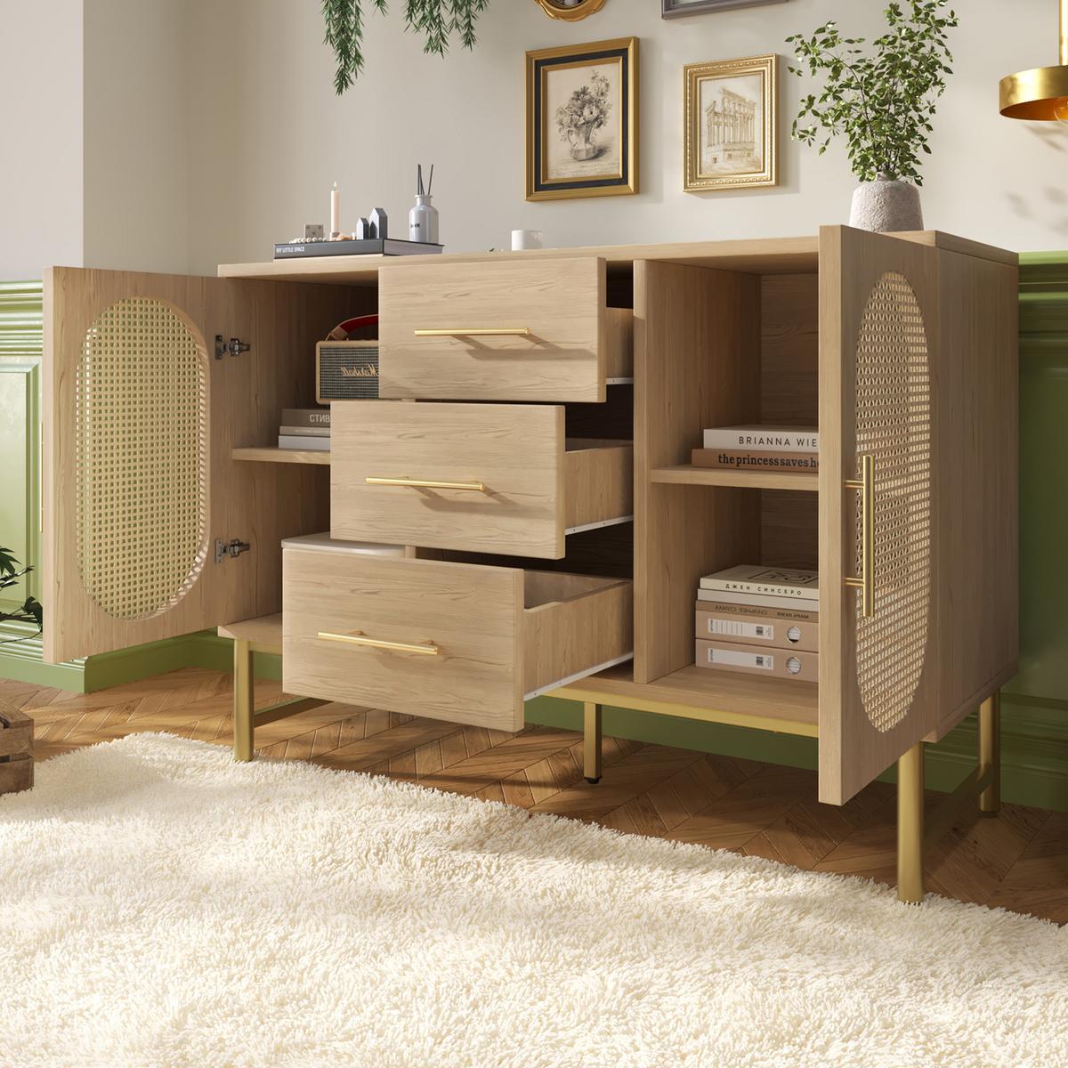 SIDEBOARD mit Rattan-Türen, 100x40x60 cm - Eiche San Remo, Holzwerkstoff/Metall (120/74/40cm) - Urban Meuble