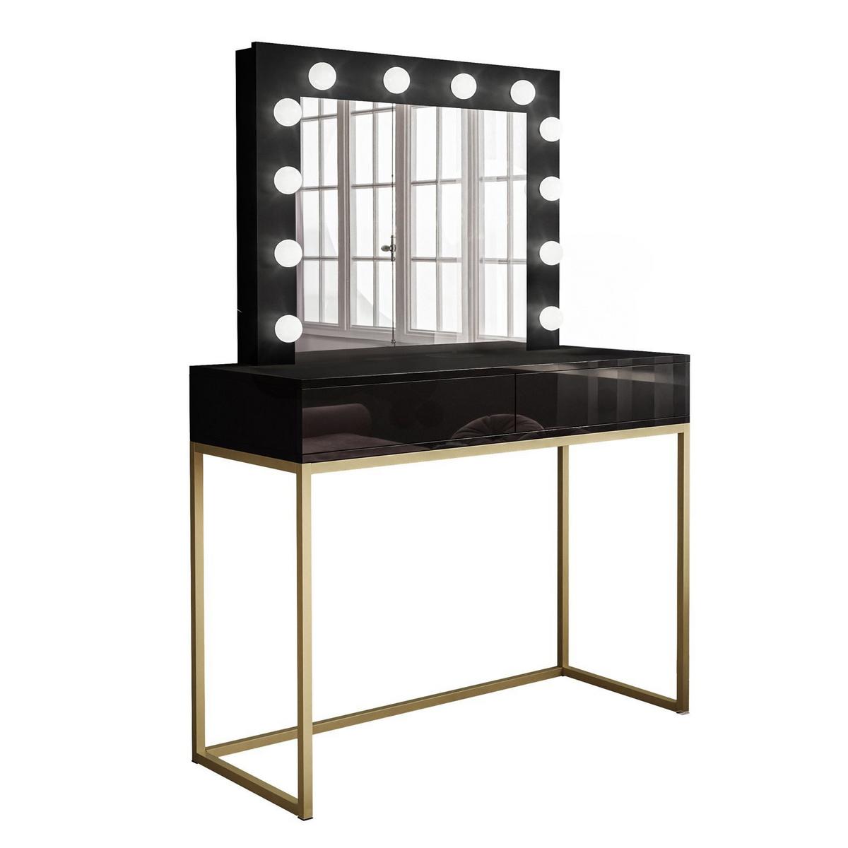 SCHMINKTISCH BLANCO GOLD mit Spiegel und Beleuchtung Schwarz PUSH OPEN - Goldfarben/Schwarz, Holzwerkstoff (100/146/42cm) - Lookway