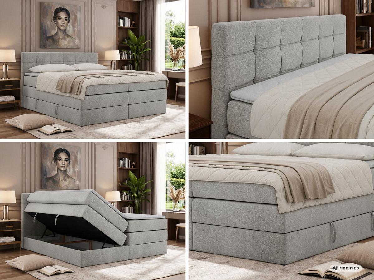 BOXSPRINGBETT SOLVEN KING 140/200 - Hellgrau Stukture - Topper Visco - H4 - Hellgrau/Schwarz, Kunststoff/Textil (140/200cm) - MKS