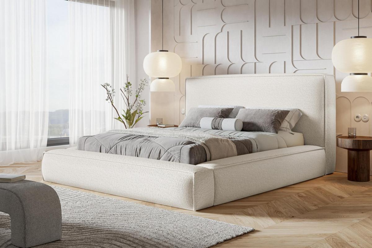 BETT 120x200 - Polsterbett mit Bettkasten und Holzrahmen - Modern Bett - Eleganter Catch-Me-Stoff - Kollektion Luna Maxi - Weiß - Weiß, Holz/Textil (120/200cm) - Alpi-Möbel
