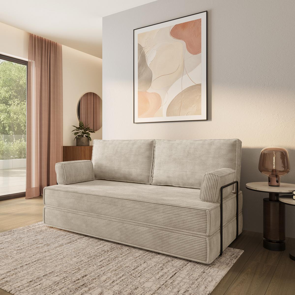 BETTSOFA SILAR aus Schaumstoff Kordstoff Creme Schlaffunktion - Creme, Textil (170/86/80cm) - MASSENO