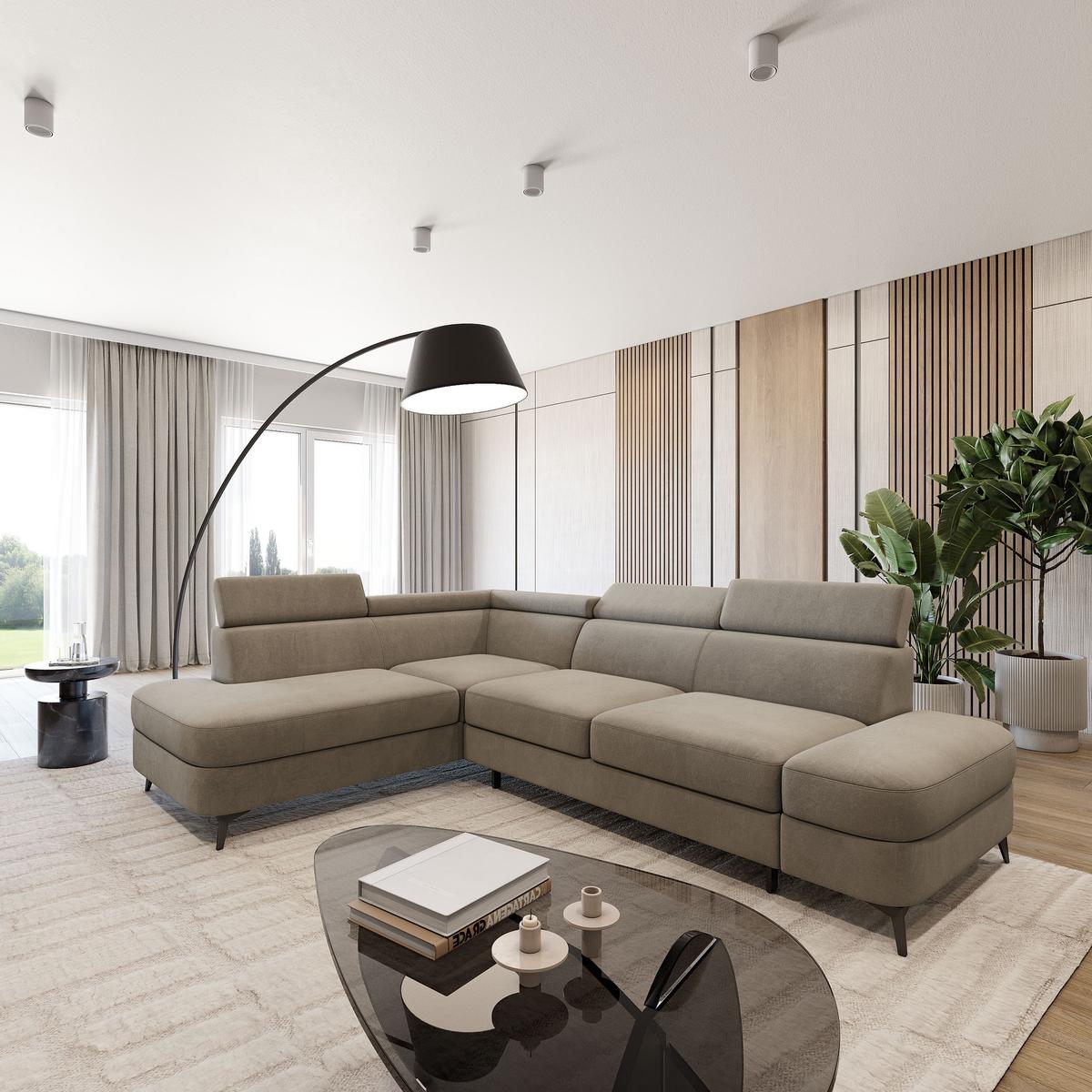 ECKSOFA AVISE MV L-S Beige Velours-Stoff mit Schlaffunktion - Beige, Holzwerkstoff/Textil (268/195cm) - MASSENO