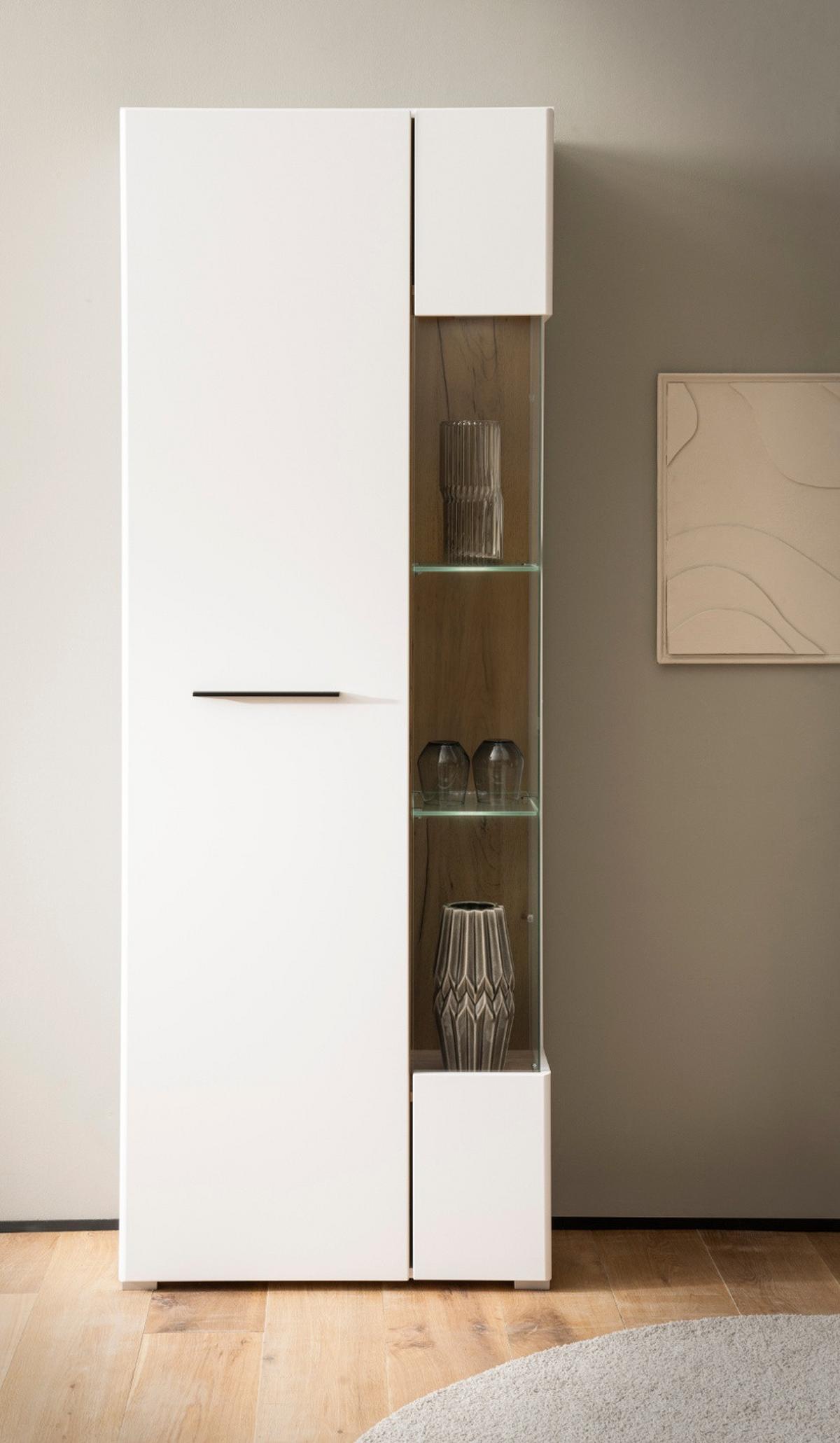 VITRINE weiß matt, Evoke Eiche, Vitrinenschrank 72 x 200 cm, Soft-Close-Funktion - Eichefarben/Silberfarben, Glas/Holzwerkstoff (72/200/35cm)