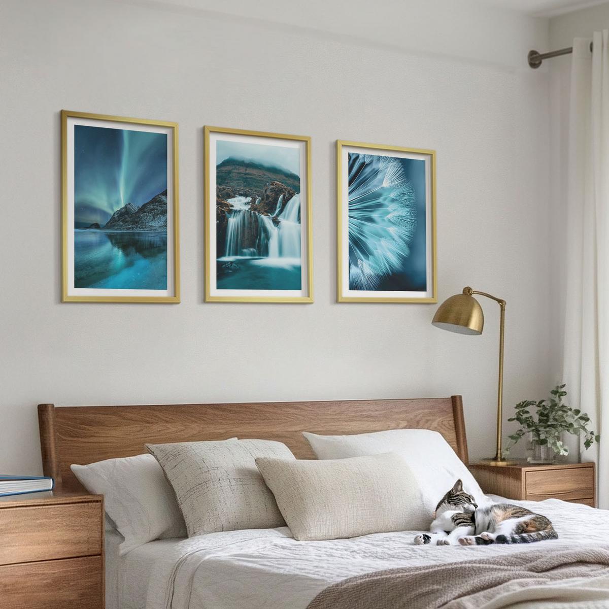 BILDER SET 3er Set - 40x60 cm Goldrahmen - Winterlandschaften mit Wasserfällen - Goldfarben, Kunststoff (40/60cm) - TULUP