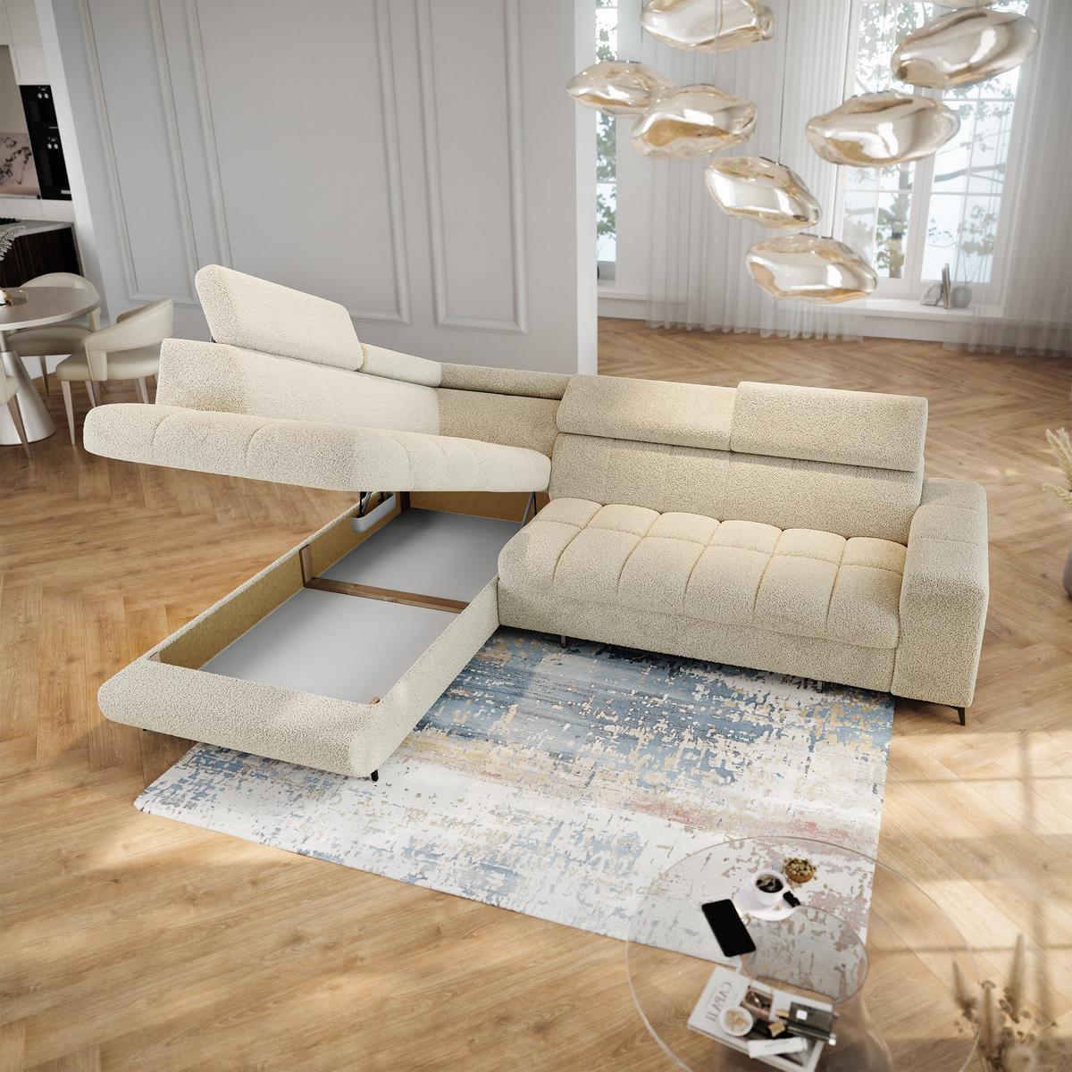ECKSOFA MORIVA Q L-S Creme Boucle-Stoff mit Schlaffunktion - Creme, Holzwerkstoff/Textil (253/190cm) - MASSENO