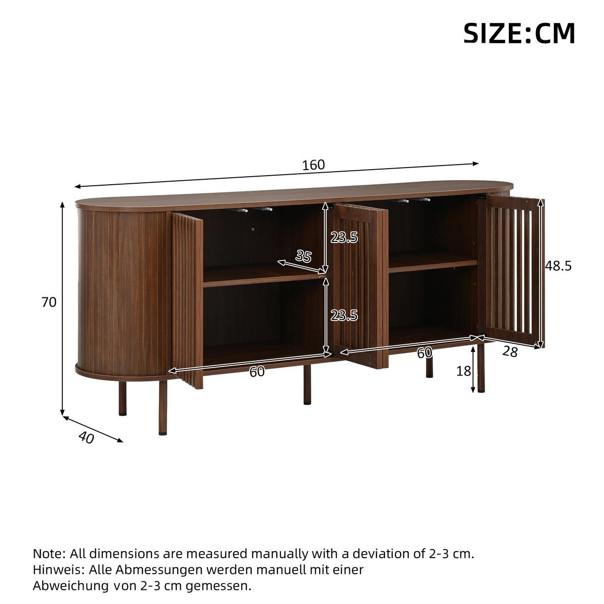 SIDEBOARD Walnuss Holzoptik 160cm mit 4 Lamellentüren & Metallfüßen - Walnussfarben, Holzwerkstoff (160/70/40cm) - Urban Meuble