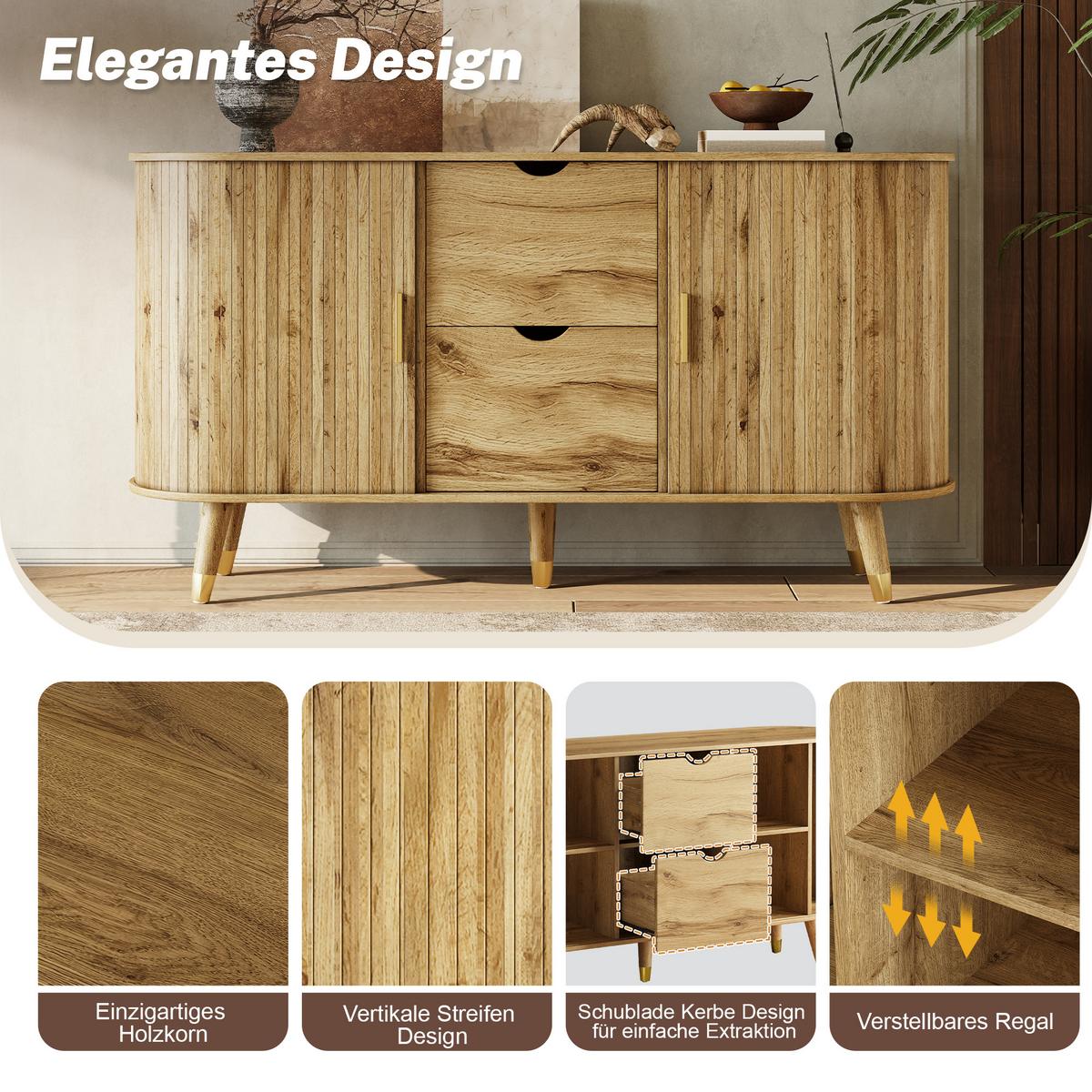 SIDEBOARD Naturholzoptik Abgerundet mit 2 Schiebetüren & 2 Schubladen - Naturfarben, Holzwerkstoff (140/79.5/40cm) - Urban Meuble